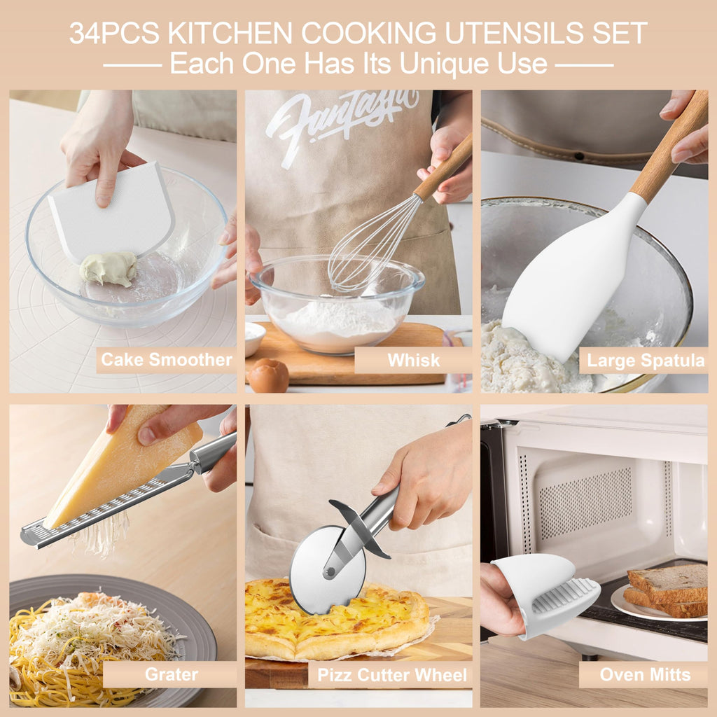 Juego de utensilios de cocina de silicona, 43 piezas antiadherentes resistentes al calor, juego de espátulas con mango de madera para hornear, cocinar y mezclar, las mejores herramientas de cocina con
