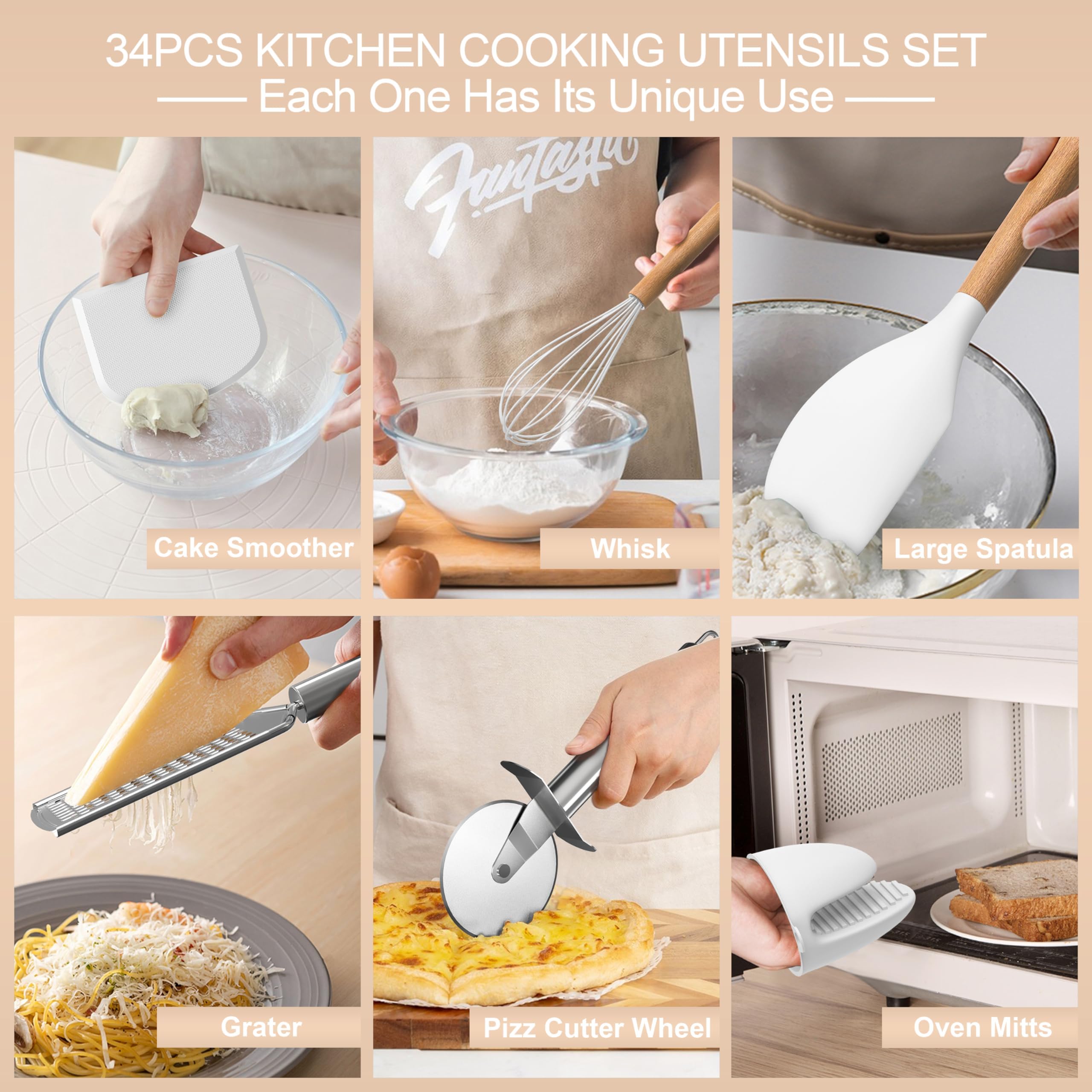 Juego de utensilios de cocina de silicona, 43 piezas antiadherentes resistentes al calor, juego de espátulas con mango de madera para hornear, cocinar y mezclar, las mejores herramientas de cocina con