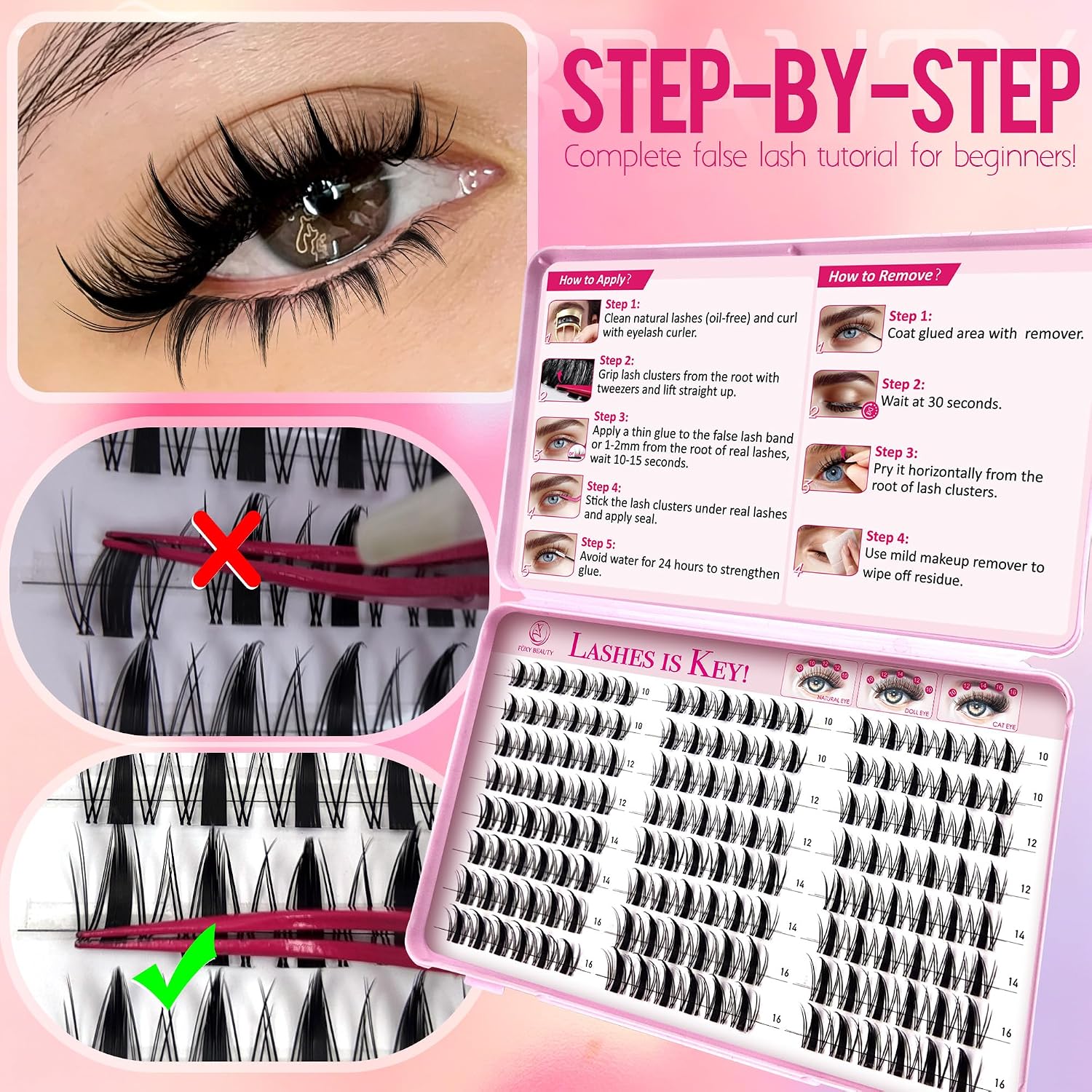 Foxy Beauty - Racimos de pestañas naturales – racimos de pestañas finas y esponjosas, extensiones de pestañas anchas con pestañas inferiores de bonificación