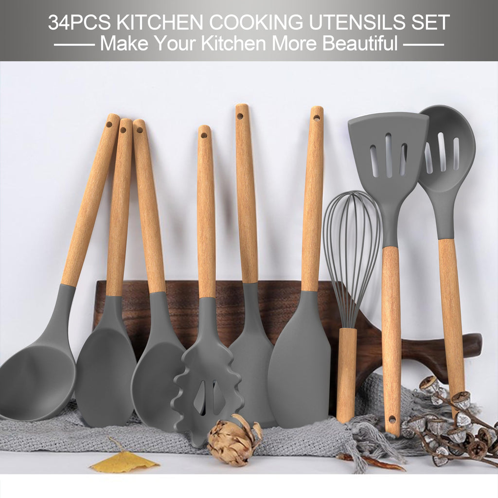 Juego de utensilios de cocina de silicona, 43 piezas antiadherentes resistentes al calor, juego de espátulas con mango de madera para hornear, cocinar y mezclar, las mejores herramientas de cocina con