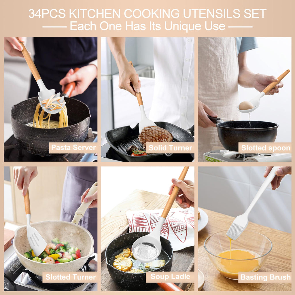 Juego de utensilios de cocina de silicona, 43 piezas antiadherentes resistentes al calor, juego de espátulas con mango de madera para hornear, cocinar y mezclar, las mejores herramientas de cocina con