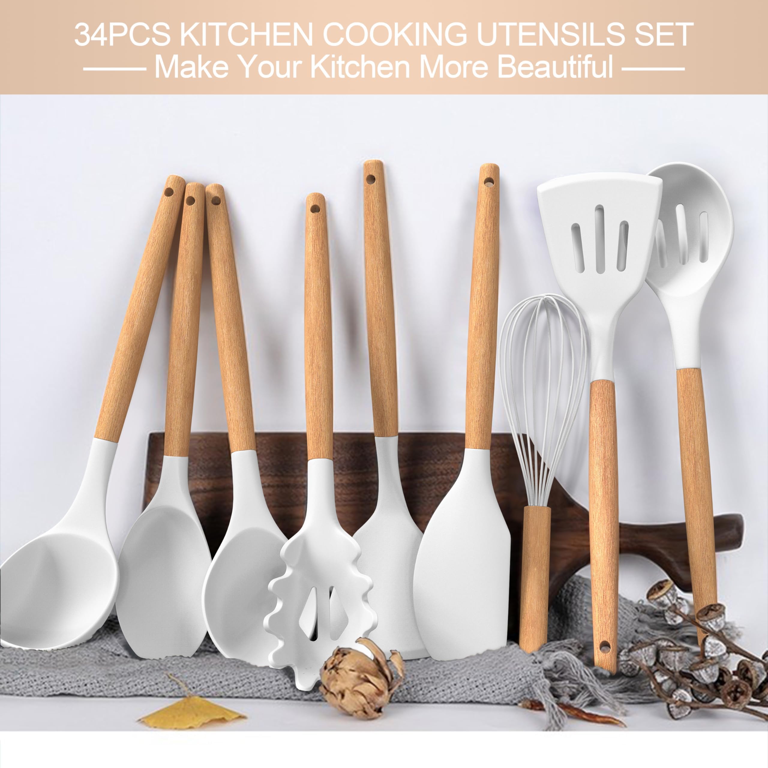 Juego de utensilios de cocina de silicona, 43 piezas antiadherentes resistentes al calor, juego de espátulas con mango de madera para hornear, cocinar y mezclar, las mejores herramientas de cocina con