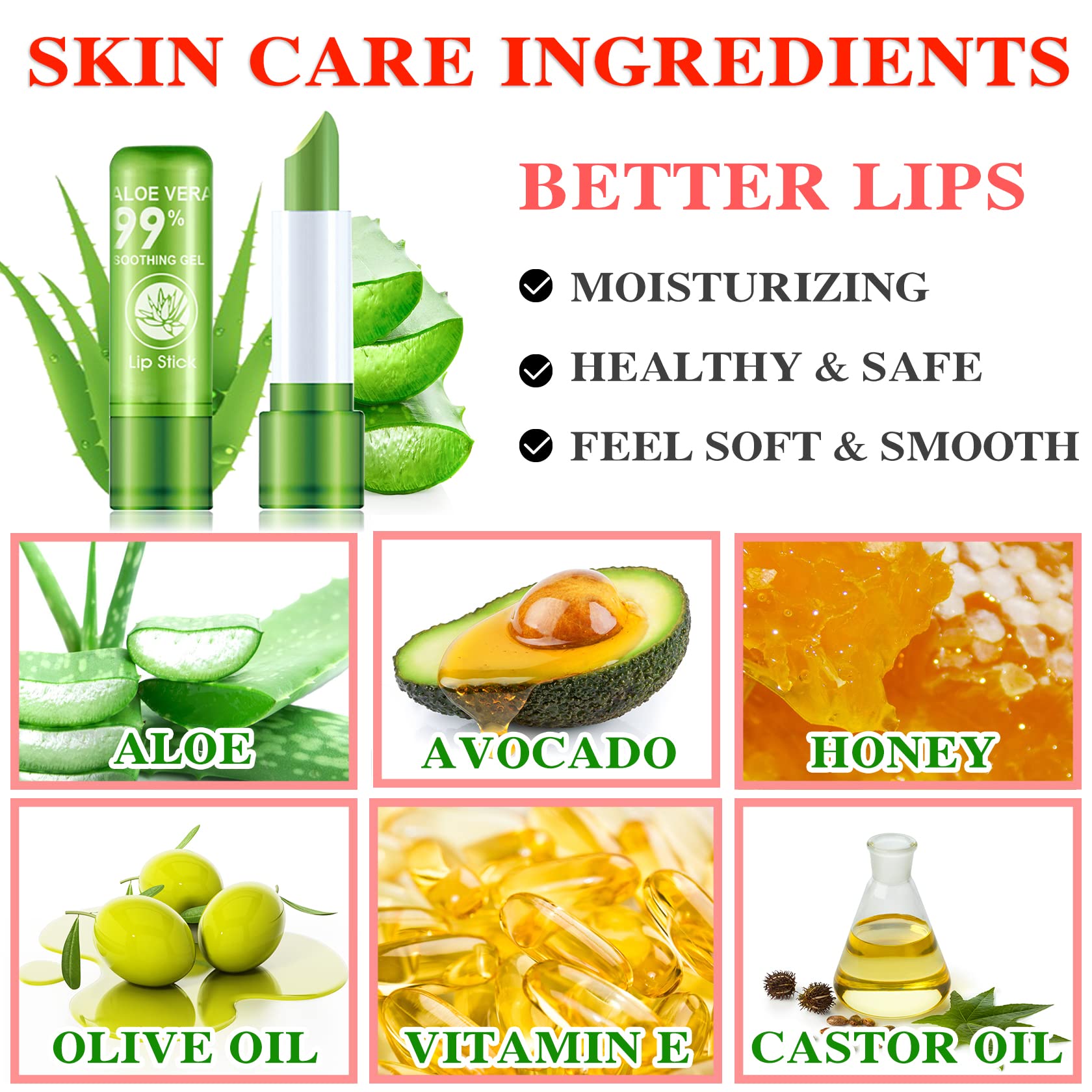 Labial de aloe vera, cuidado labial de larga duración, bálsamo labial nutritivo y voluminizador, brillo labial, cambio de color mágico con temperatura, 3 unidades