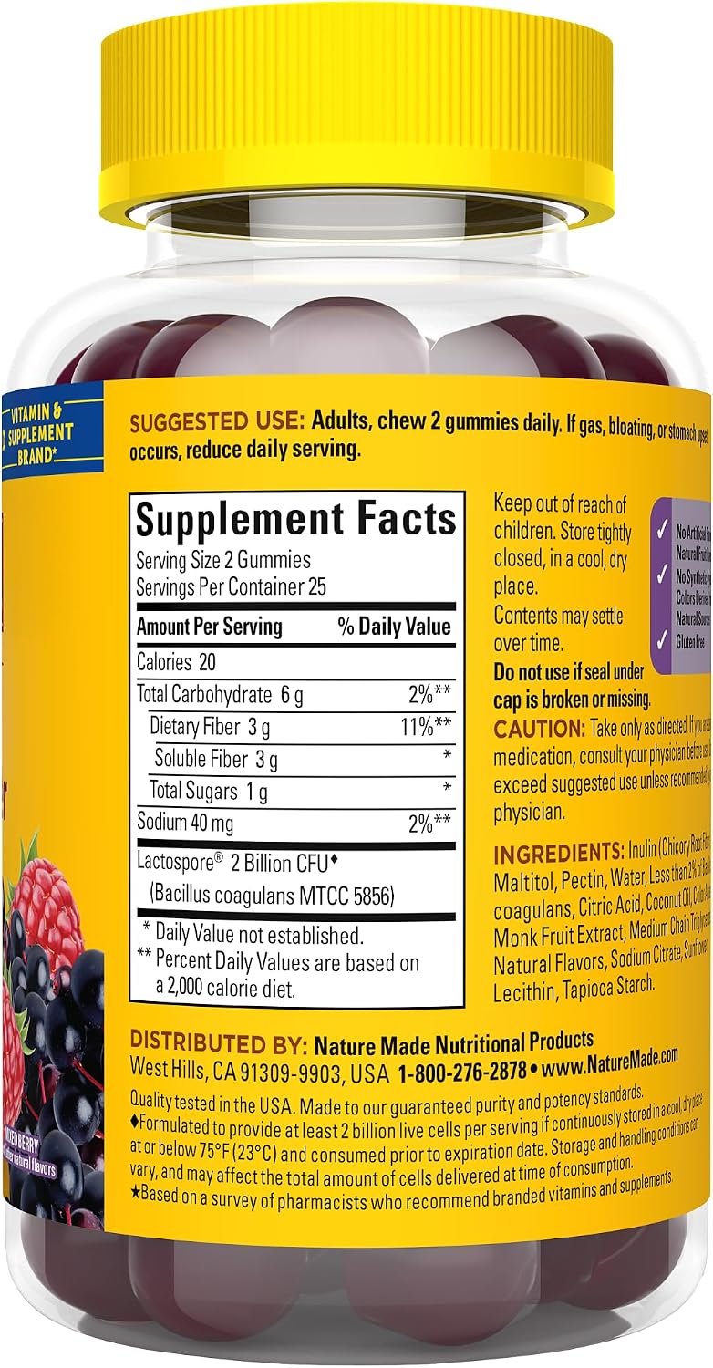 Nature Made - Gomitas de fibra probióticas + prebióticas para la salud intestinal diaria, suplemento de soporte digestivo con probióticos y fibra, 50 gomitas, suministro para 25 días | Fiber Supplement for Daily Gut Health, Prebiotics and Probiotics for W