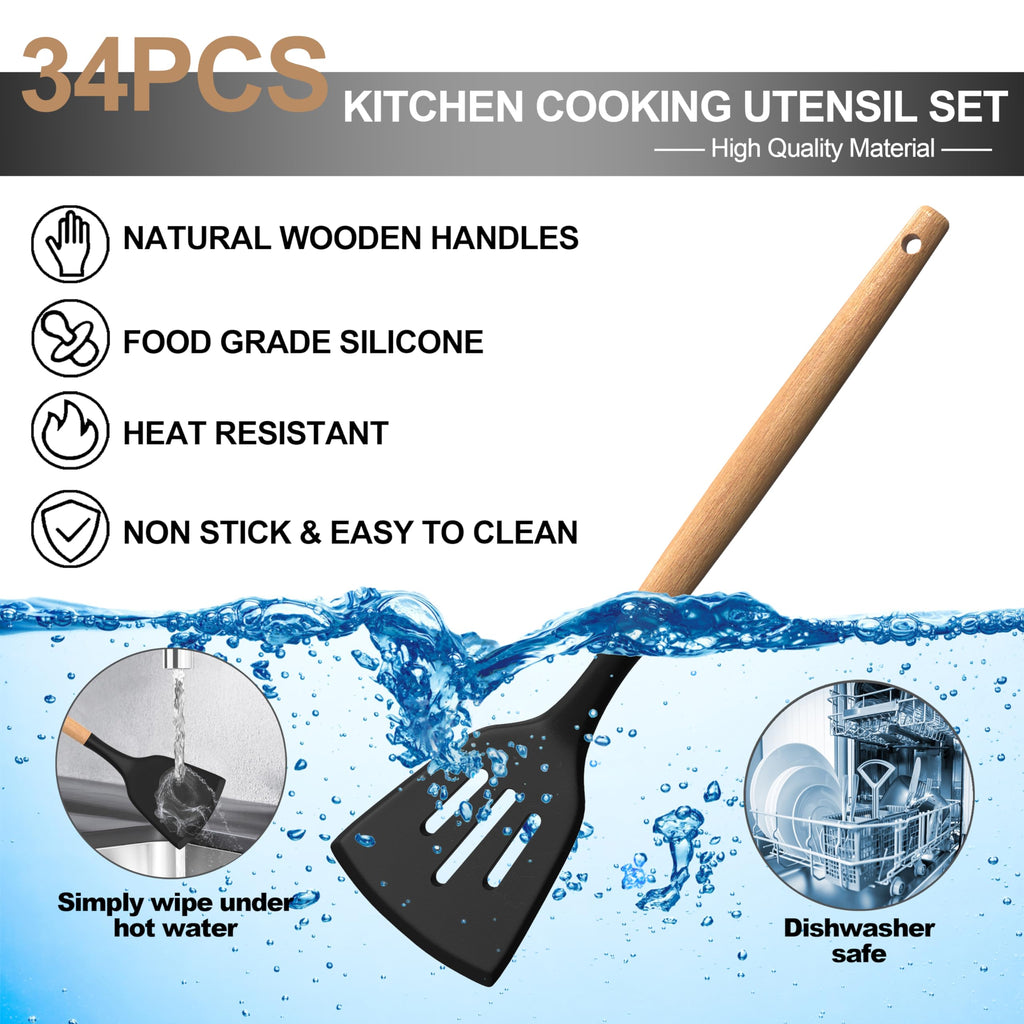 Juego de utensilios de cocina de silicona, 43 piezas antiadherentes resistentes al calor, juego de espátulas con mango de madera para hornear, cocinar y mezclar, las mejores herramientas de cocina con