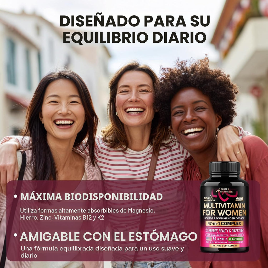 Multivitamínico para mujer - Complejo B | Alimentos integrales | Apoyo al crecimiento del cabello | Digestión y metabolismo | Hierro - Multivitamínico 47 en 1 para mujer - Biodisponible y suave para | Womens Multivitamin - Whole Foods | Hair Growth Suppor