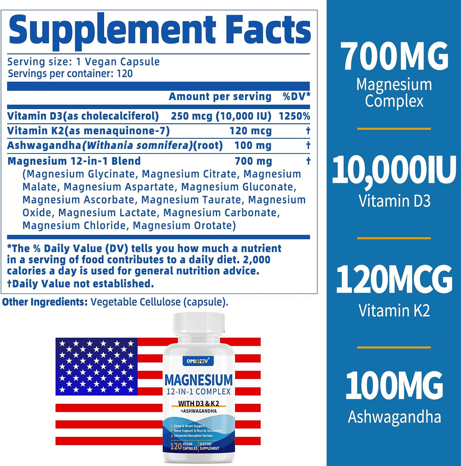Complejo de magnesio 12 en 1 Suplemento para mujeres y hombres 700 mg, glicinato de magnesio con vitamina D3 K2, citrato malato óxido taurato aspartato orrotato, para relajación, corazón, energía | Magnesium Glycinate with Vitamin D3 K2, Citrate Malate Ox