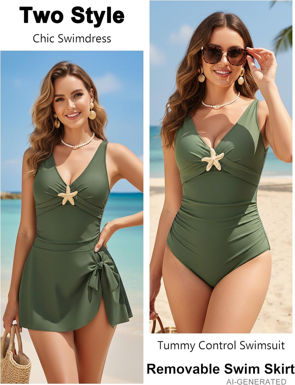 BMJL Traje de baño de una pieza para mujer con falda de natación adelgazante con control de abdomen, traje de baño de metal con nudo de estrella de mar