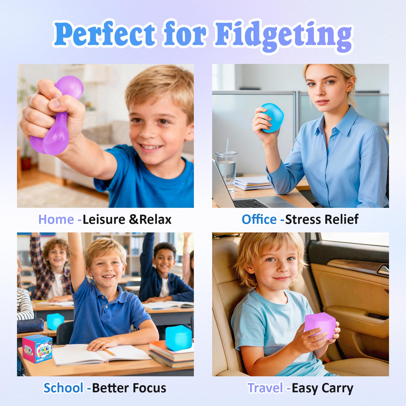 Paquete de 4 Cubos Antiestrés, Pelotas Antiestrés con Forma de Cubo de Hielo de Elevación Lenta para Adultos y Niños, Juguete Sensorial Fidget para Alivio de Ansiedad, Pelotas Blandas de Forma | Sensory Fidget Toy for Anxiety Relief, Square Shape Cube Squ