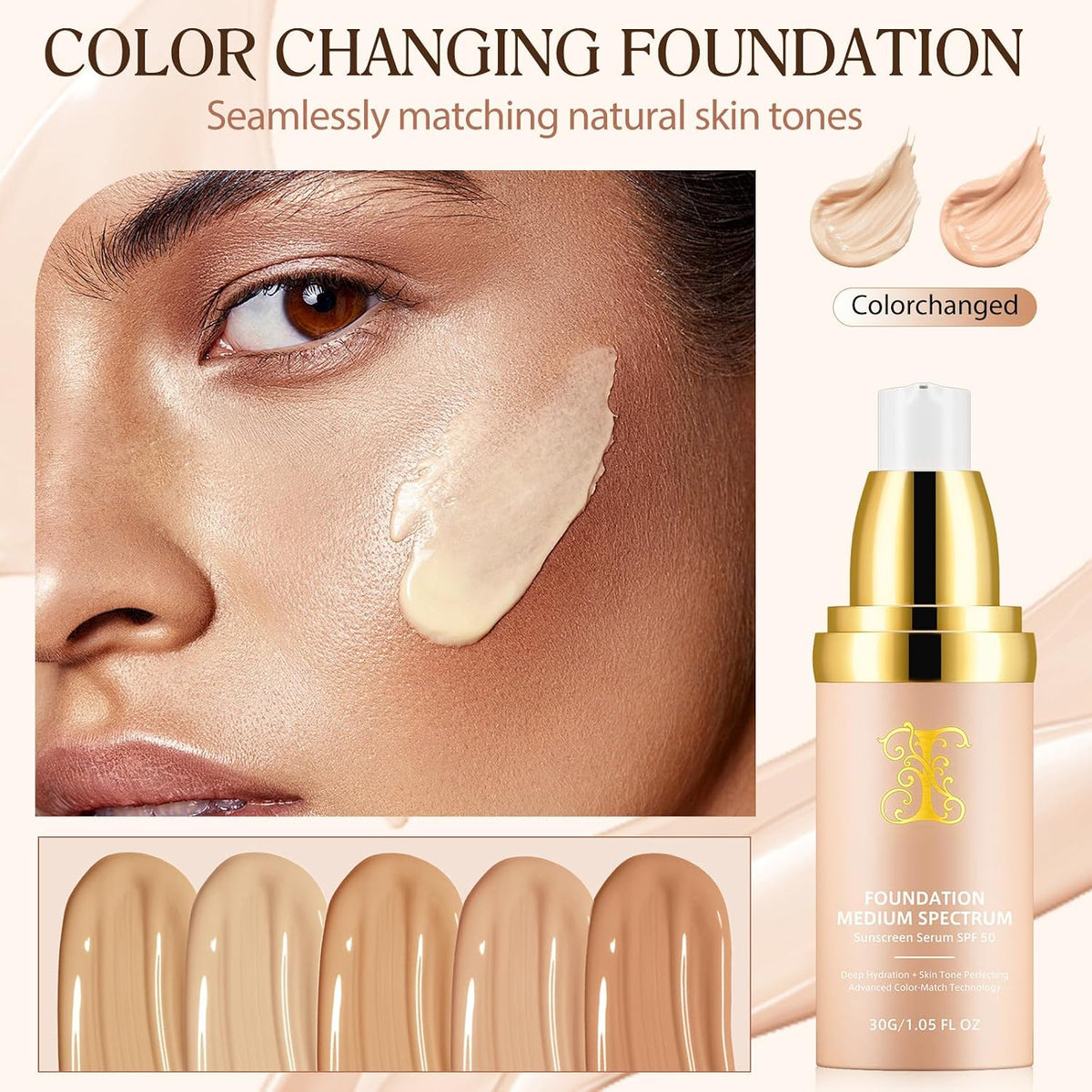 Base de maquillaje 4 en 1 que cambia de color con suero protector solar SPF 50, espectro ligero, duradero, impermeable e hidratante profundo para todo tipo de piel