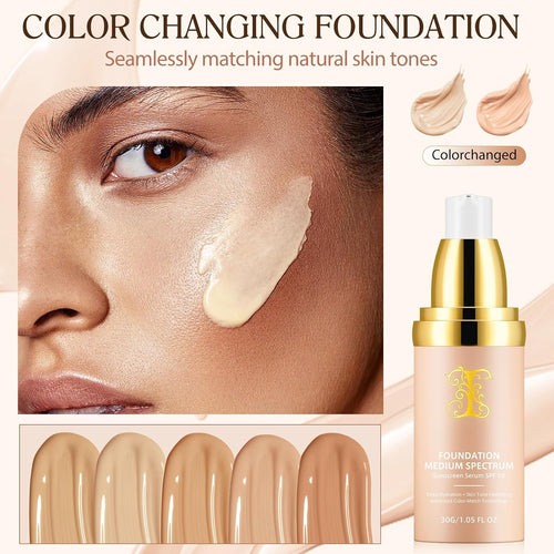 Base de maquillaje 4 en 1 que cambia de color con suero protector solar SPF 50, espectro ligero, duradero, impermeable e hidratante profundo para todo tipo de piel