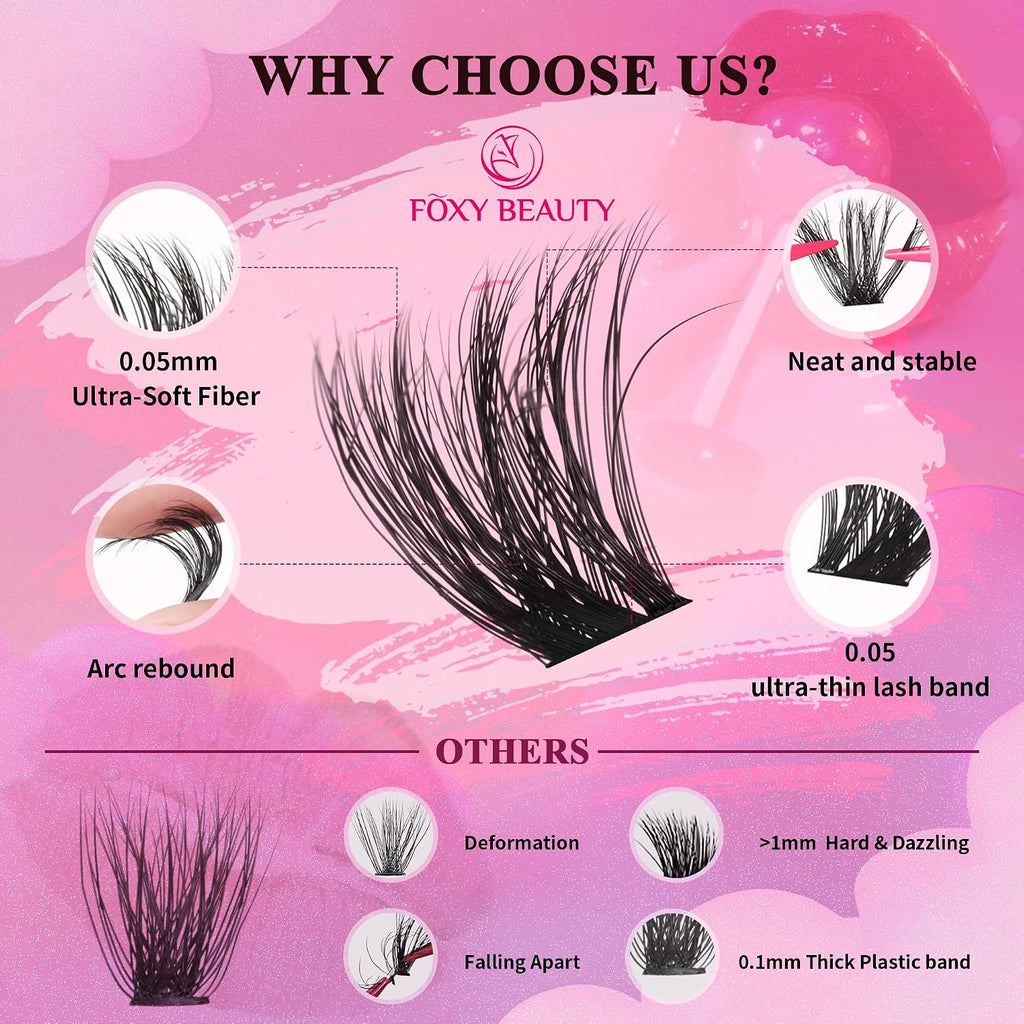 Foxy Beauty - Racimos de pestañas naturales – racimos de pestañas finas y esponjosas, extensiones de pestañas anchas con pestañas inferiores de bonificación