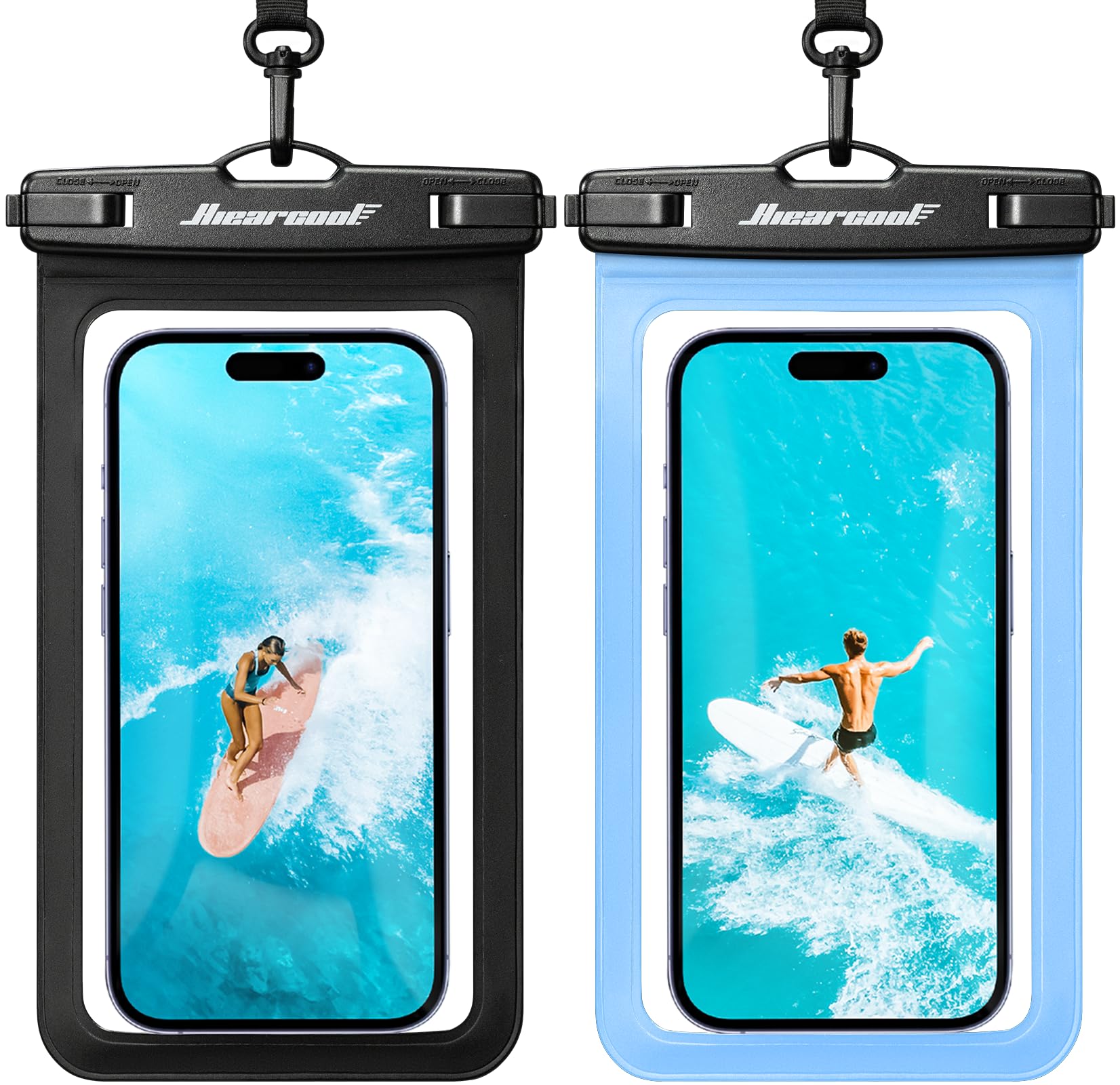 Hiearcool Funda impermeable IPX8 para iPhone 17/16/15/14 Pro Max, bolsa seca para teléfono celular para artículos esenciales de playa y crucero, pantalla táctil, cordón incluido, paquete de 2 (se adapta a hasta 8.9 pulgadas)