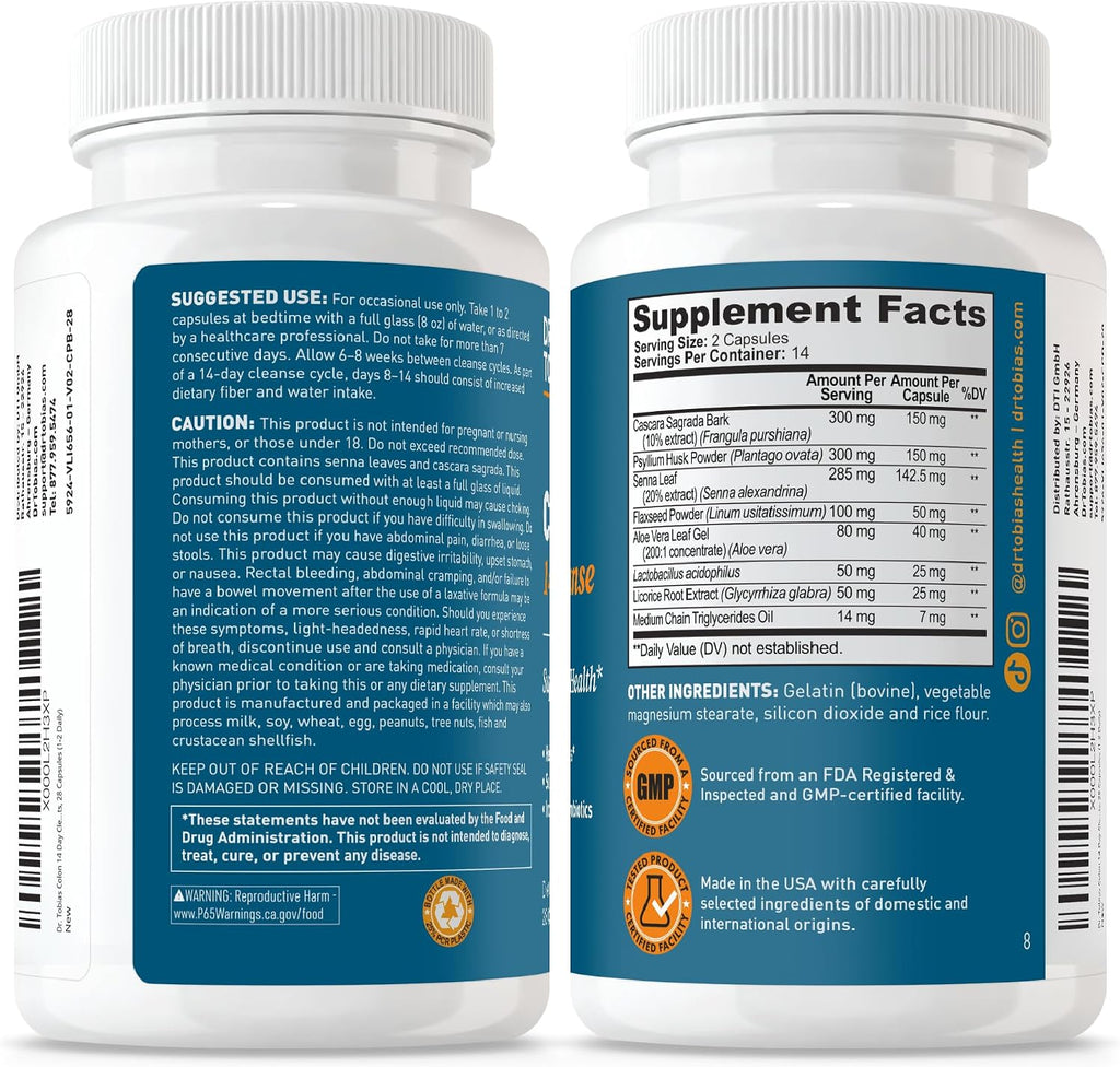 Dr. Tobias Colon 14 Day Cleanse, apoya movimientos intestinales saludables, desintoxicación de limpieza de colon, fórmula de limpieza avanzada con fibra, hierbas y probióticos, sin OMG, 28 cápsulas (1-2 diarios) | Colon Cleanse Detox | Constipation Relief