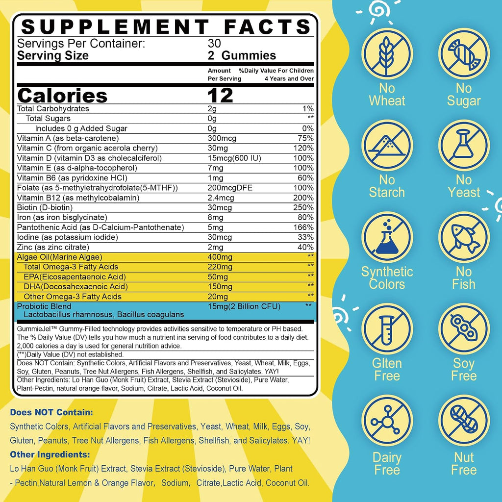 Gomitas multivitamínicas para niños con hierro, sin azúcar, vitaminas diarias para niños + probióticos, Omega 3 de algas (EPA/DHA), A, C, D, metil B12, folato, B6, zinc, biotina, para crecimiento | Daily Vitamins + Algae Omega 3(DHA & EPA), Probiotics, D3