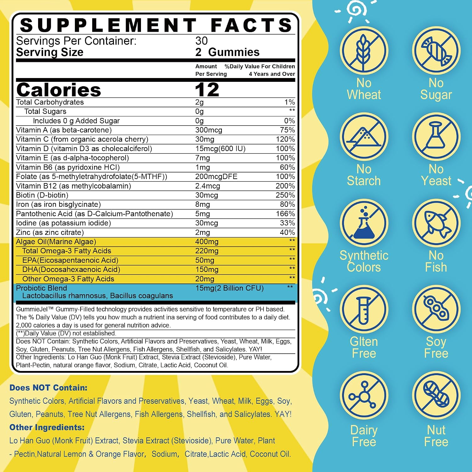 Gomitas multivitamínicas para niños con hierro, sin azúcar, vitaminas diarias para niños + probióticos, Omega 3 de algas (EPA/DHA), A, C, D, metil B12, folato, B6, zinc, biotina, para crecimiento | Daily Vitamins + Algae Omega 3(DHA & EPA), Probiotics, D3