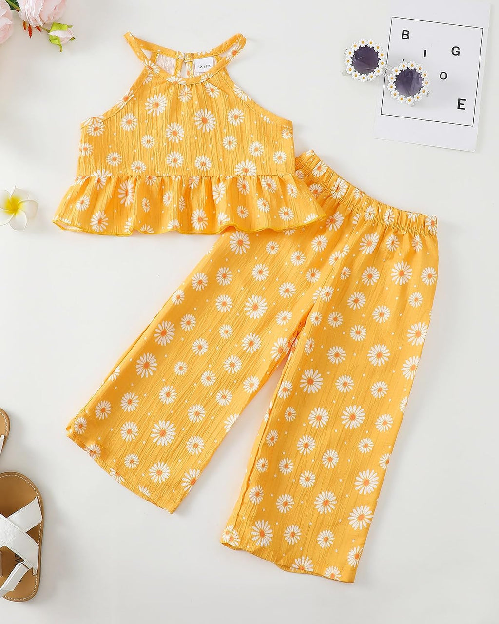 Kucnuzki Ropa de bebé niña pequeña trajes de verano Cami volantes halter tops pantalones de pierna ancha niños conjunto de ropa floral