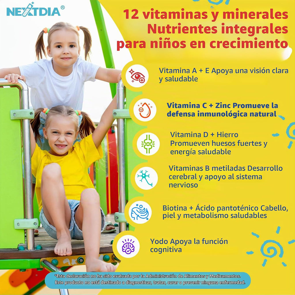 Gomitas multivitamínicas para niños con hierro, sin azúcar, vitaminas diarias para niños + probióticos, Omega 3 de algas (EPA/DHA), A, C, D, metil B12, folato, B6, zinc, biotina, para crecimiento | Daily Vitamins + Algae Omega 3(DHA & EPA), Probiotics, D3