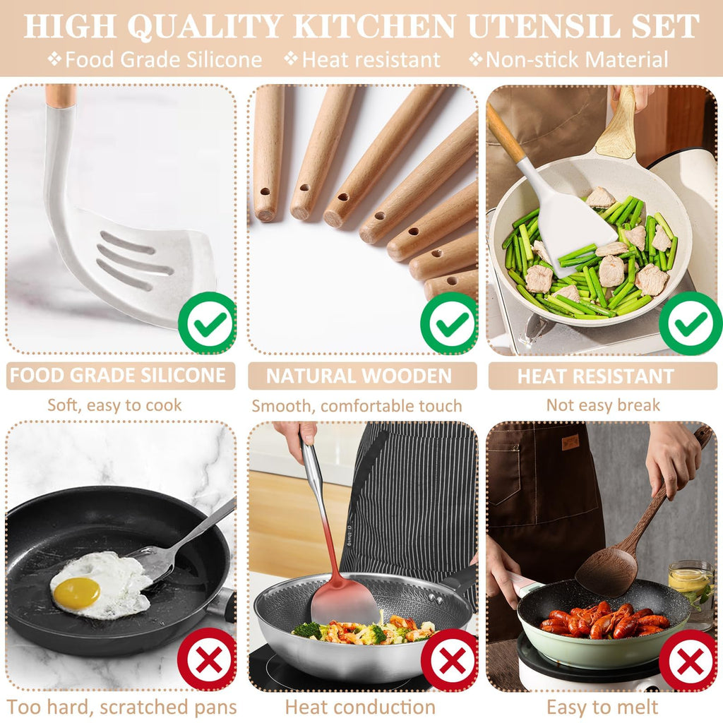 Juego de utensilios de cocina de silicona, 43 piezas antiadherentes resistentes al calor, juego de espátulas con mango de madera para hornear, cocinar y mezclar, las mejores herramientas de cocina con