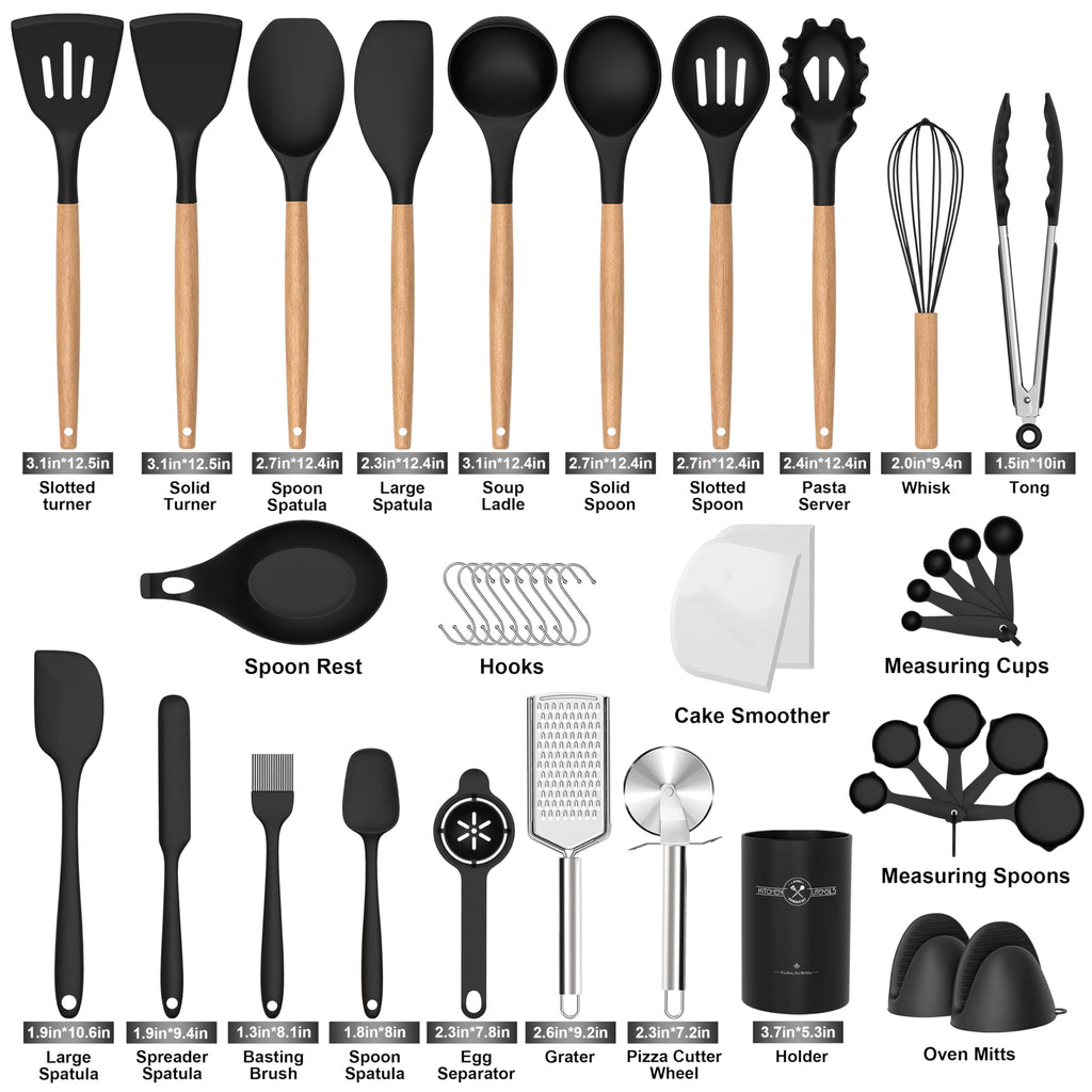 Juego de utensilios de cocina de silicona, 43 piezas antiadherentes resistentes al calor, juego de espátulas con mango de madera para hornear, cocinar y mezclar, las mejores herramientas de cocina con