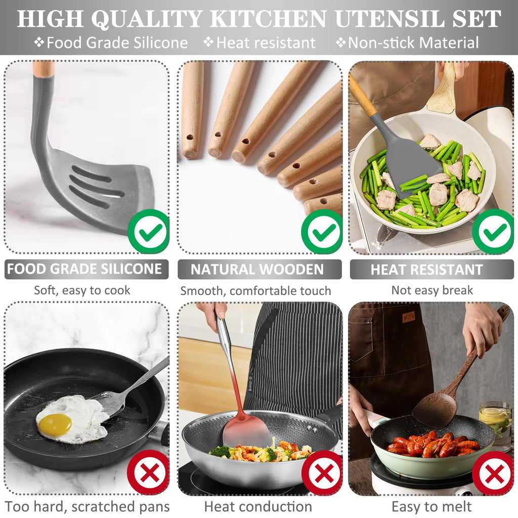 Juego de utensilios de cocina de silicona, 43 piezas antiadherentes resistentes al calor, juego de espátulas con mango de madera para hornear, cocinar y mezclar, las mejores herramientas de cocina con
