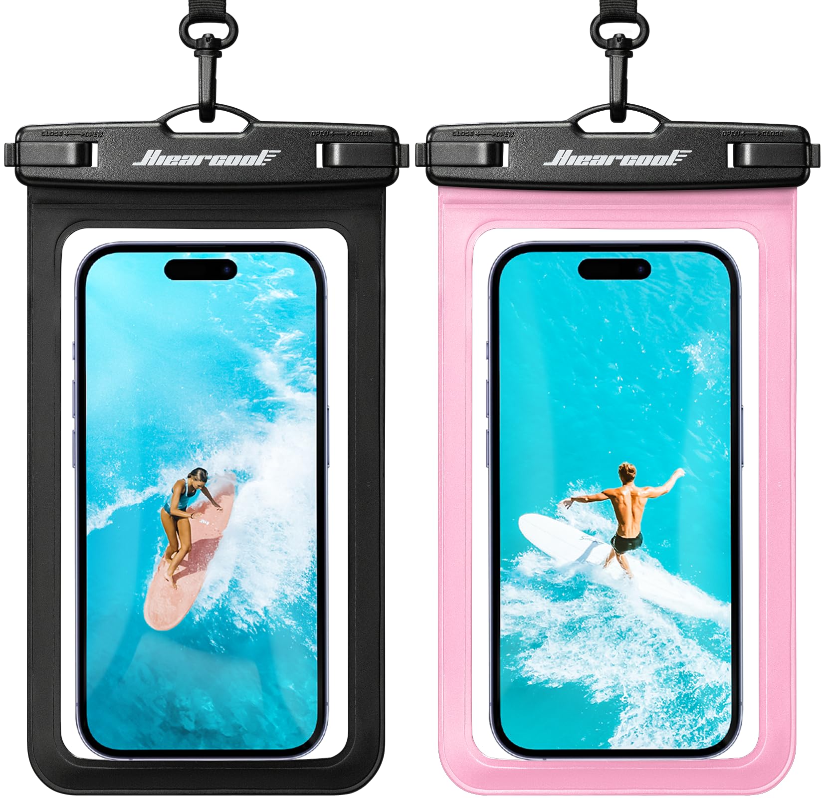 Hiearcool Funda impermeable IPX8 para iPhone 17/16/15/14 Pro Max, bolsa seca para teléfono celular para artículos esenciales de playa y crucero, pantalla táctil, cordón incluido, paquete de 2 (se adapta a hasta 8.9 pulgadas)