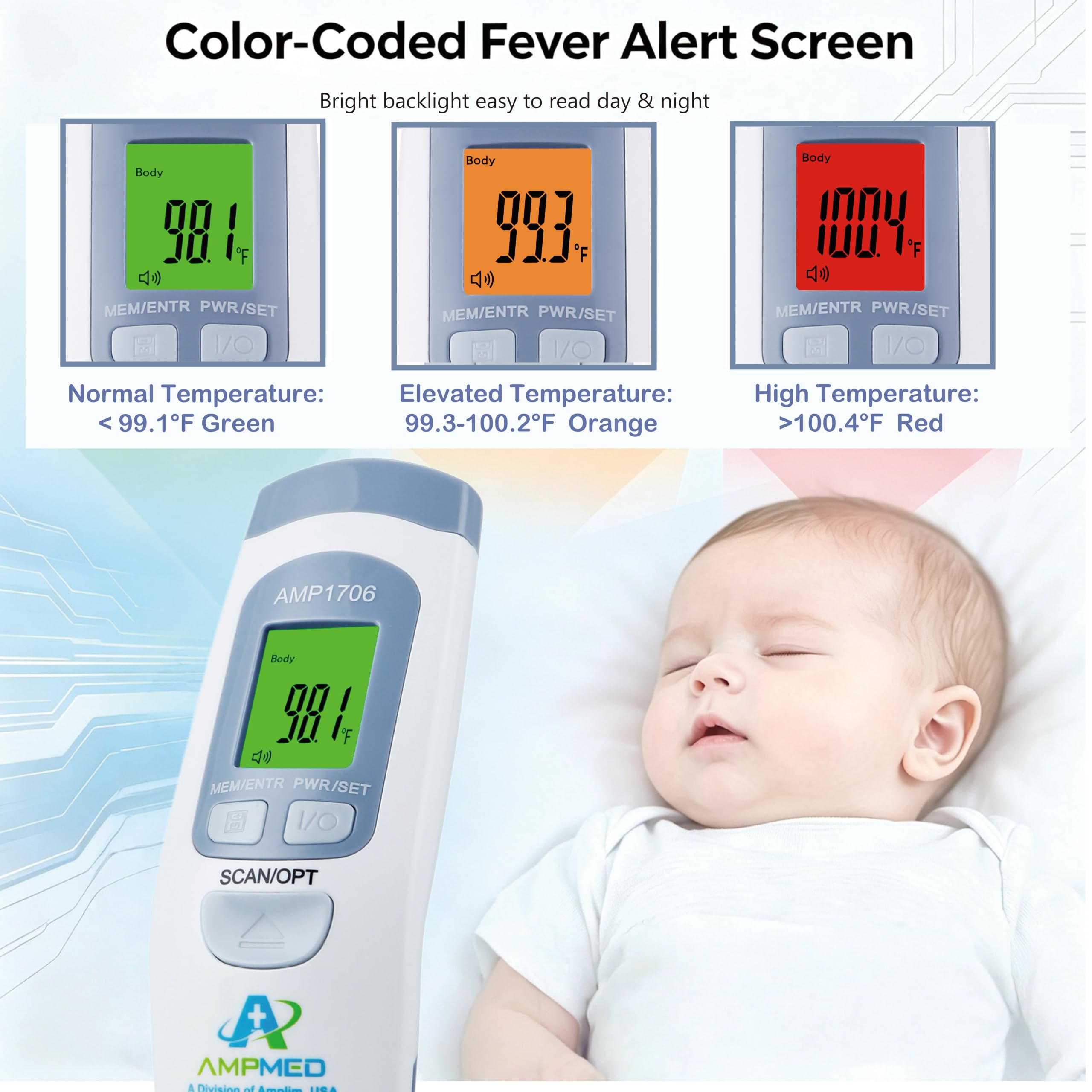 Termómetro de frente de grado médico Amplim para adultos, niños, bebés, termómetro infrarrojo digital sin contacto, lectura instantánea, detección precisa y rápida de fiebre, para uso en casa, clínica | Para adultos, niños, bebés, detección digital de fie