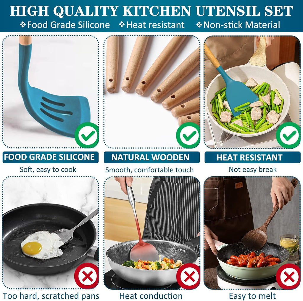 Juego de utensilios de cocina de silicona, 43 piezas antiadherentes resistentes al calor, juego de espátulas con mango de madera para hornear, cocinar y mezclar, las mejores herramientas de cocina con