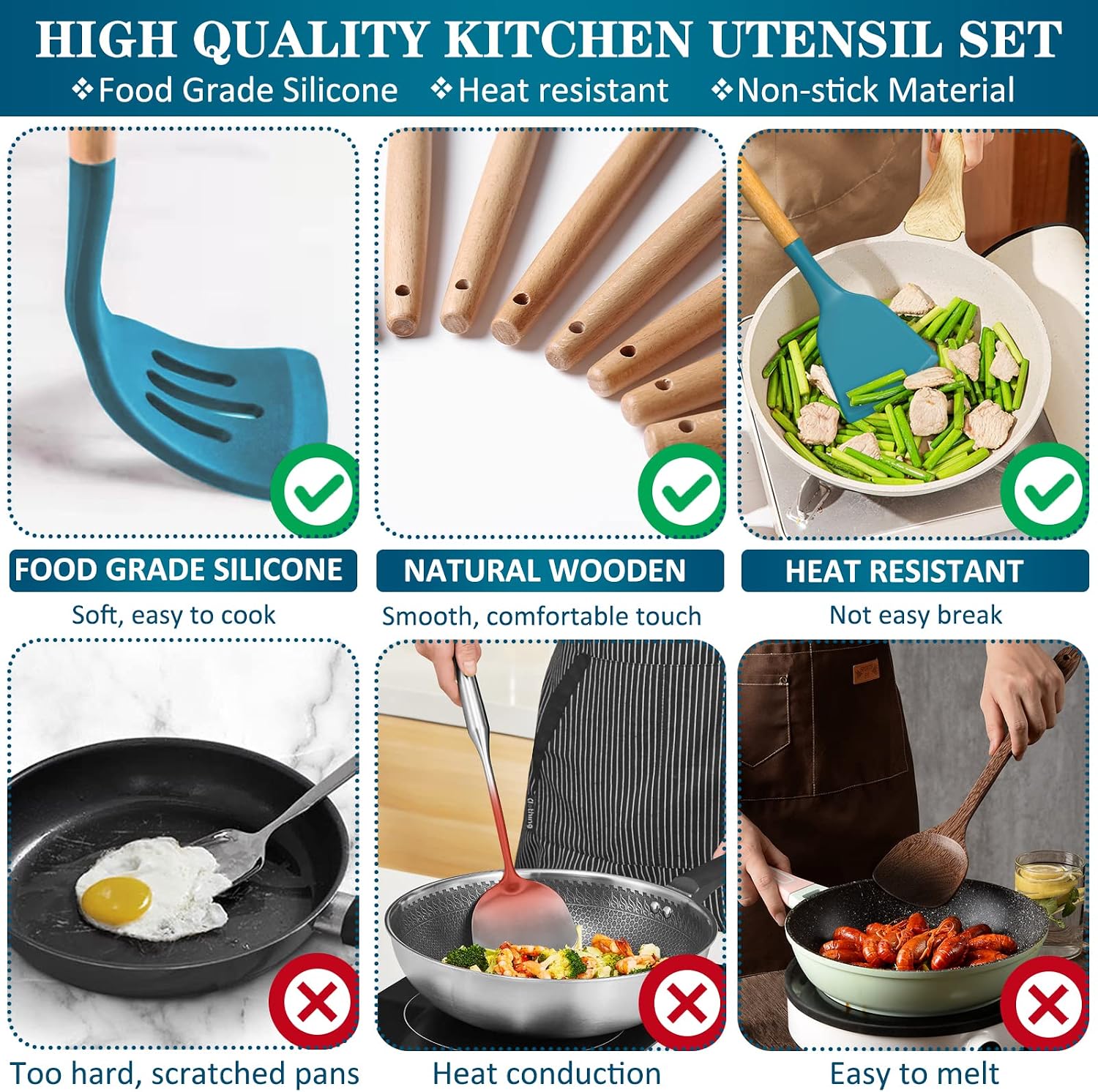 Juego de utensilios de cocina de silicona, 43 piezas antiadherentes resistentes al calor, juego de espátulas con mango de madera para hornear, cocinar y mezclar, las mejores herramientas de cocina con