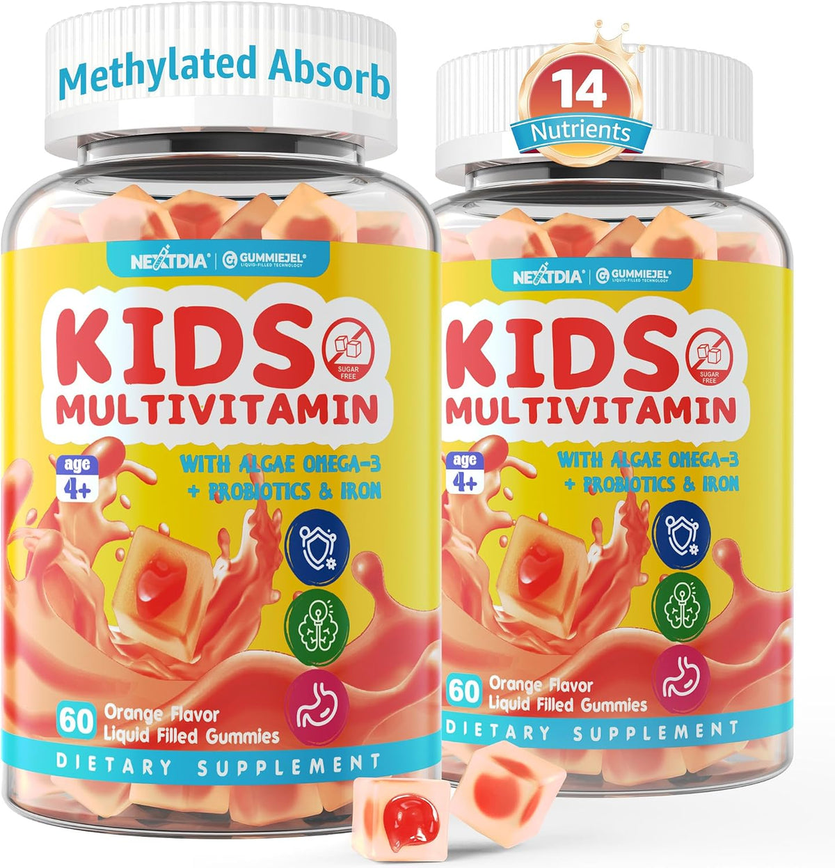 Gomitas multivitamínicas para niños con hierro, sin azúcar, vitaminas diarias para niños + probióticos, Omega 3 de algas (EPA/DHA), A, C, D, metil B12, folato, B6, zinc, biotina, para crecimiento | Daily Vitamins + Algae Omega 3(DHA & EPA), Probiotics, D3