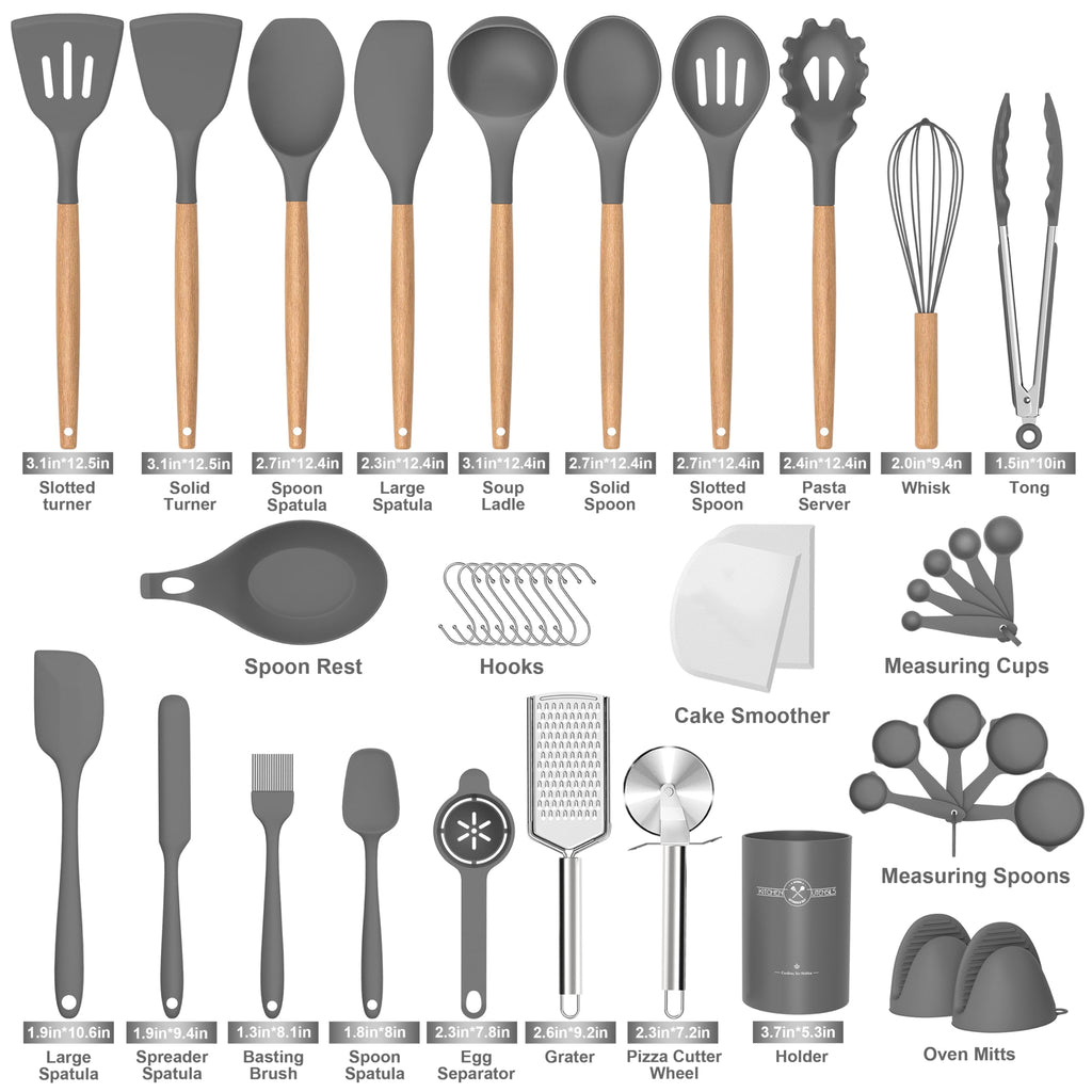 Juego de utensilios de cocina de silicona, 43 piezas antiadherentes resistentes al calor, juego de espátulas con mango de madera para hornear, cocinar y mezclar, las mejores herramientas de cocina con