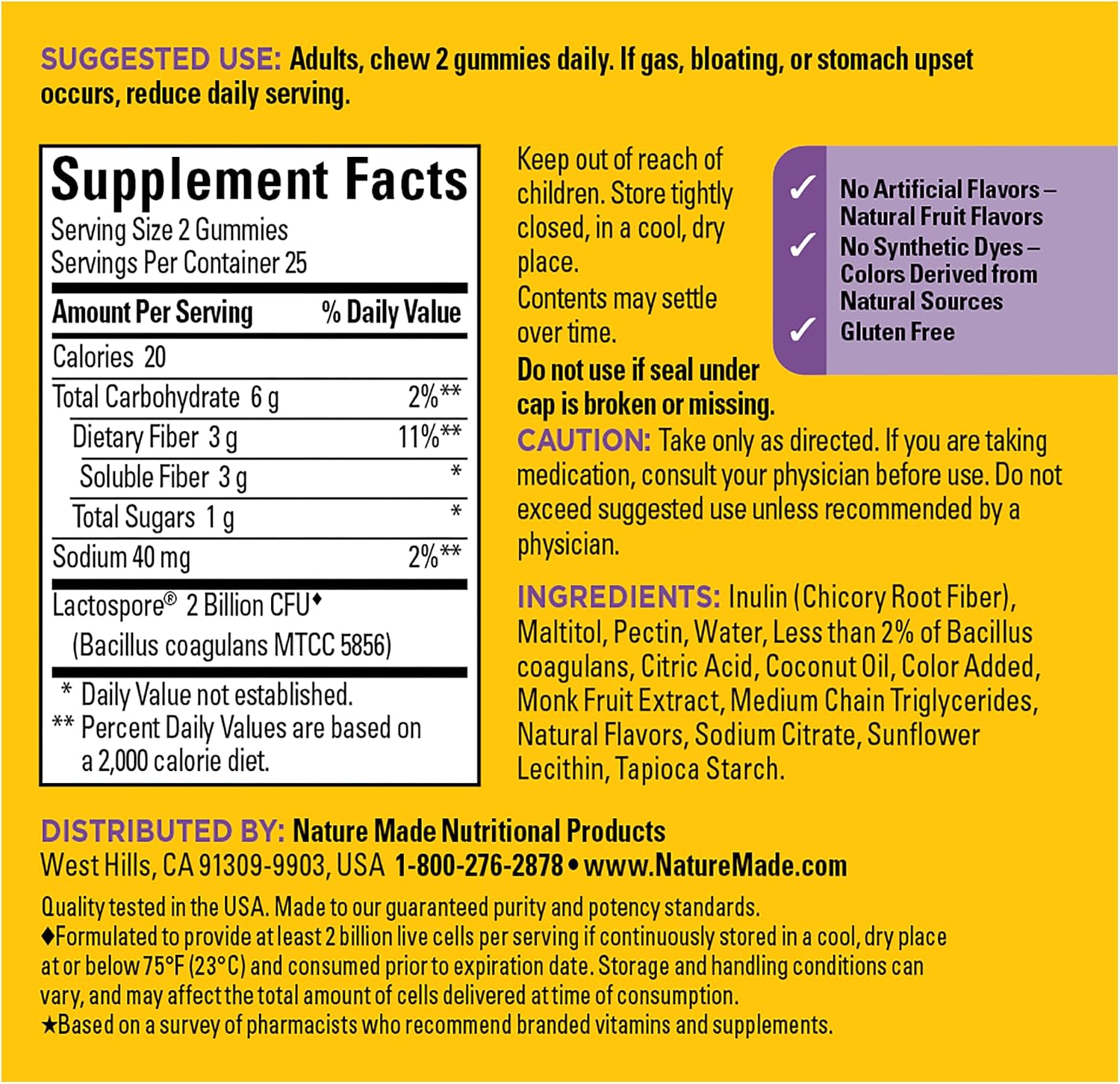 Nature Made - Gomitas de fibra probióticas + prebióticas para la salud intestinal diaria, suplemento de soporte digestivo con probióticos y fibra, 50 gomitas, suministro para 25 días | Fiber Supplement for Daily Gut Health, Prebiotics and Probiotics for W