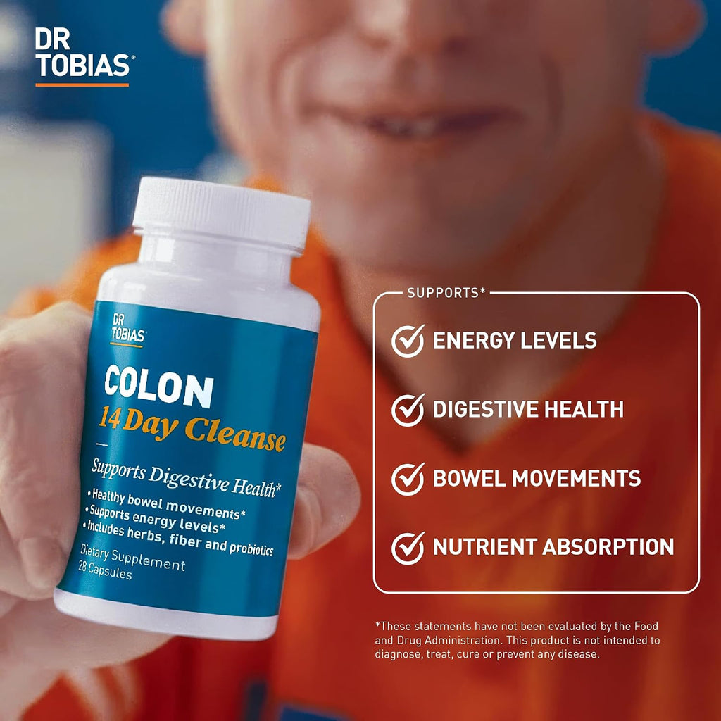 Dr. Tobias Colon 14 Day Cleanse, apoya movimientos intestinales saludables, desintoxicación de limpieza de colon, fórmula de limpieza avanzada con fibra, hierbas y probióticos, sin OMG, 28 cápsulas (1-2 diarios) | Colon Cleanse Detox | Constipation Relief