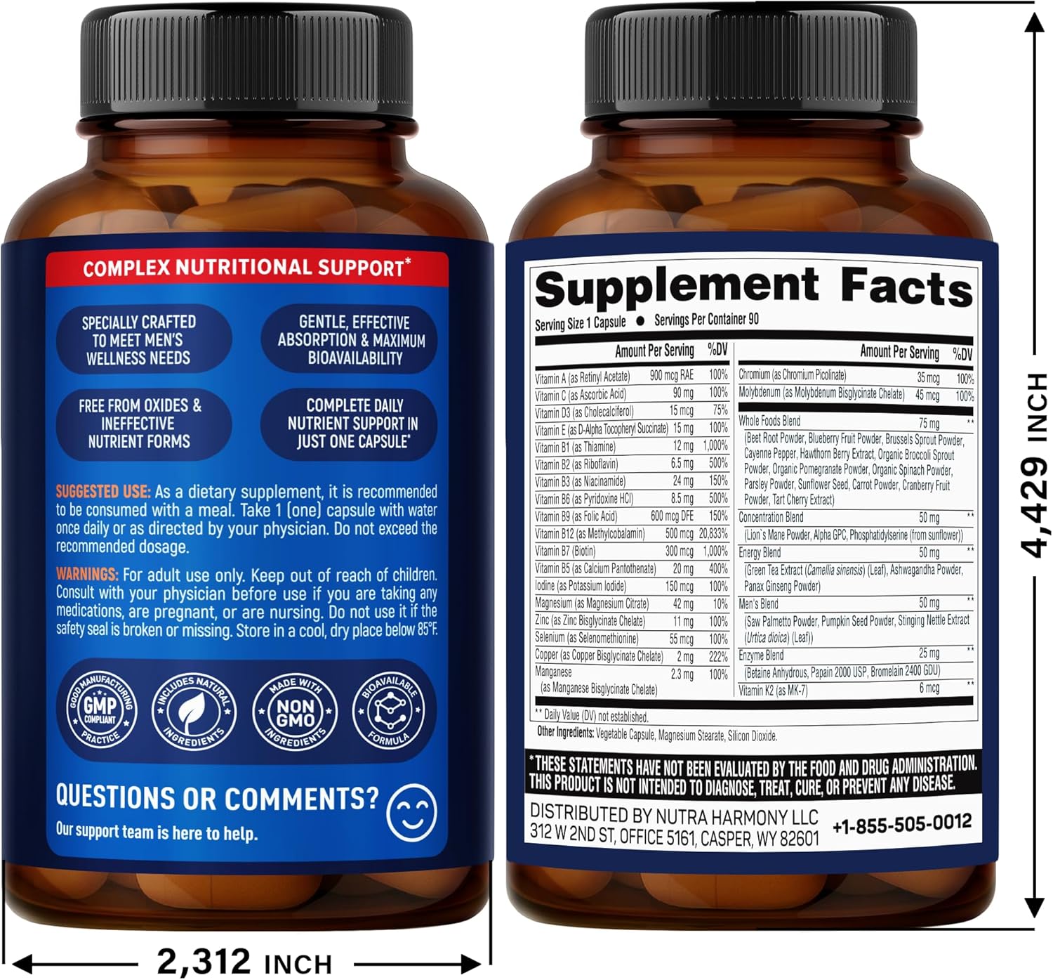 Multivitamínico para hombres - Complejo B y B12 | Whole Foods & Enzimas - 90 cápsulas | Mens Multivitamin 46in1 - Energy, Focus & Brain | Men's Health Complex - Bioavailable & Gentle on Stomach - Lab Tested, 1/Day