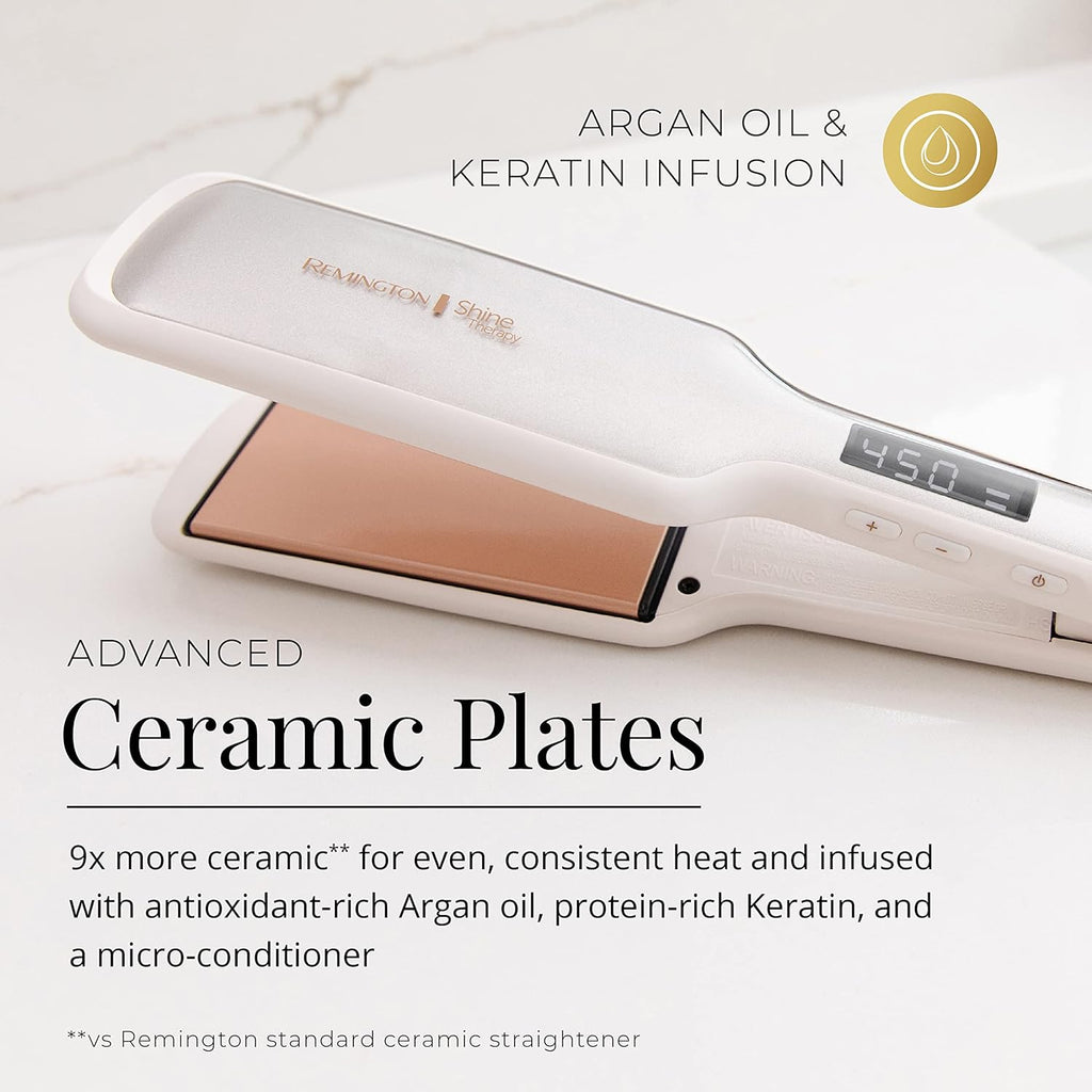 Remington Shine Therapy - Alisadora de cabello de 2 pulgadas, plancha alisadora infundida con aceite de argán y queratina, plancha alisadora profesional de cerámica para menos frizz, herramientas de | Ceramic flat iron plates infused with Argan Oil and Ke