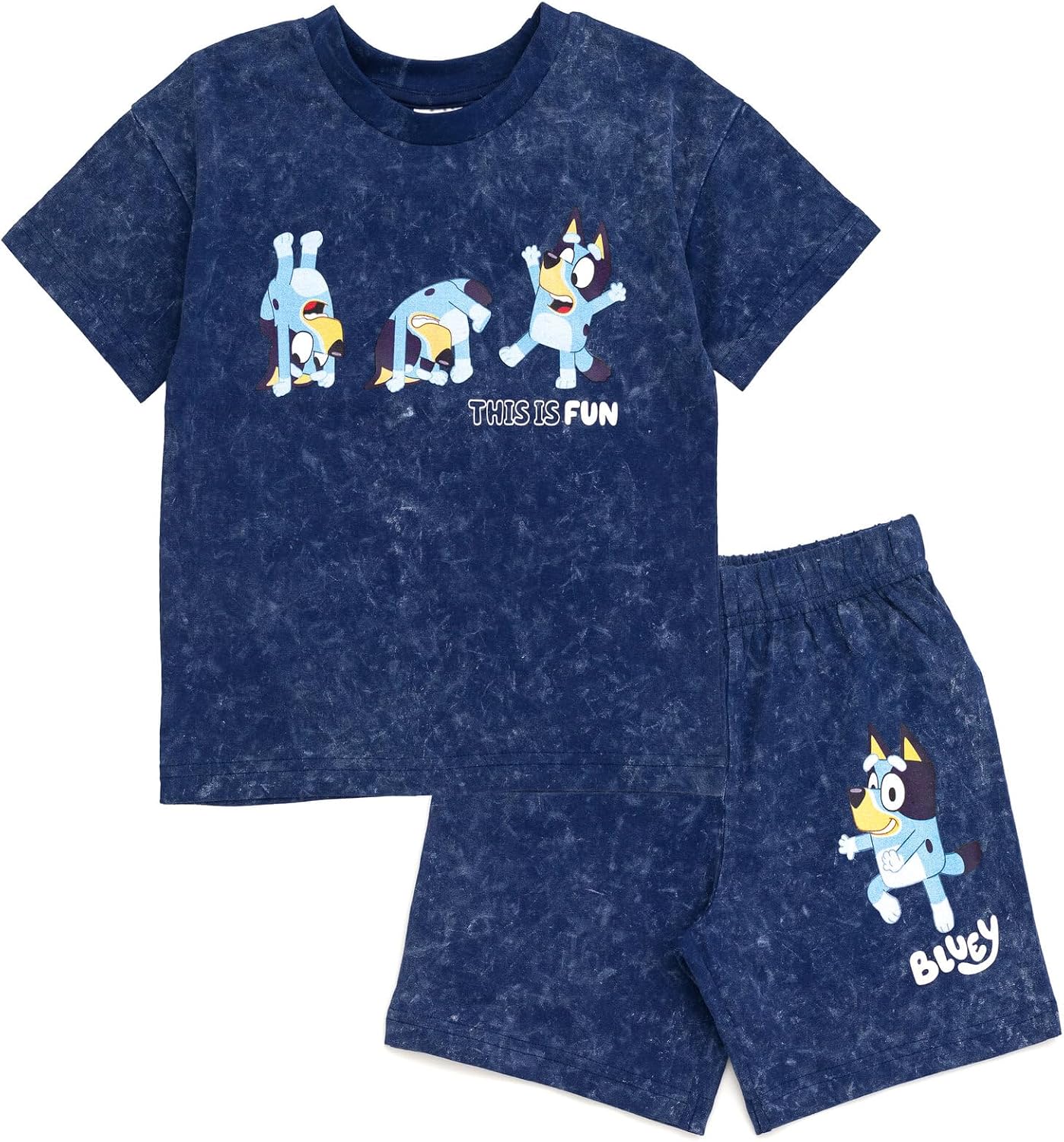 Bluey - Conjunto de camiseta con hombros caídos y pantalones cortos para niños de tamaños de bebé a grandes (2T - 10-12)