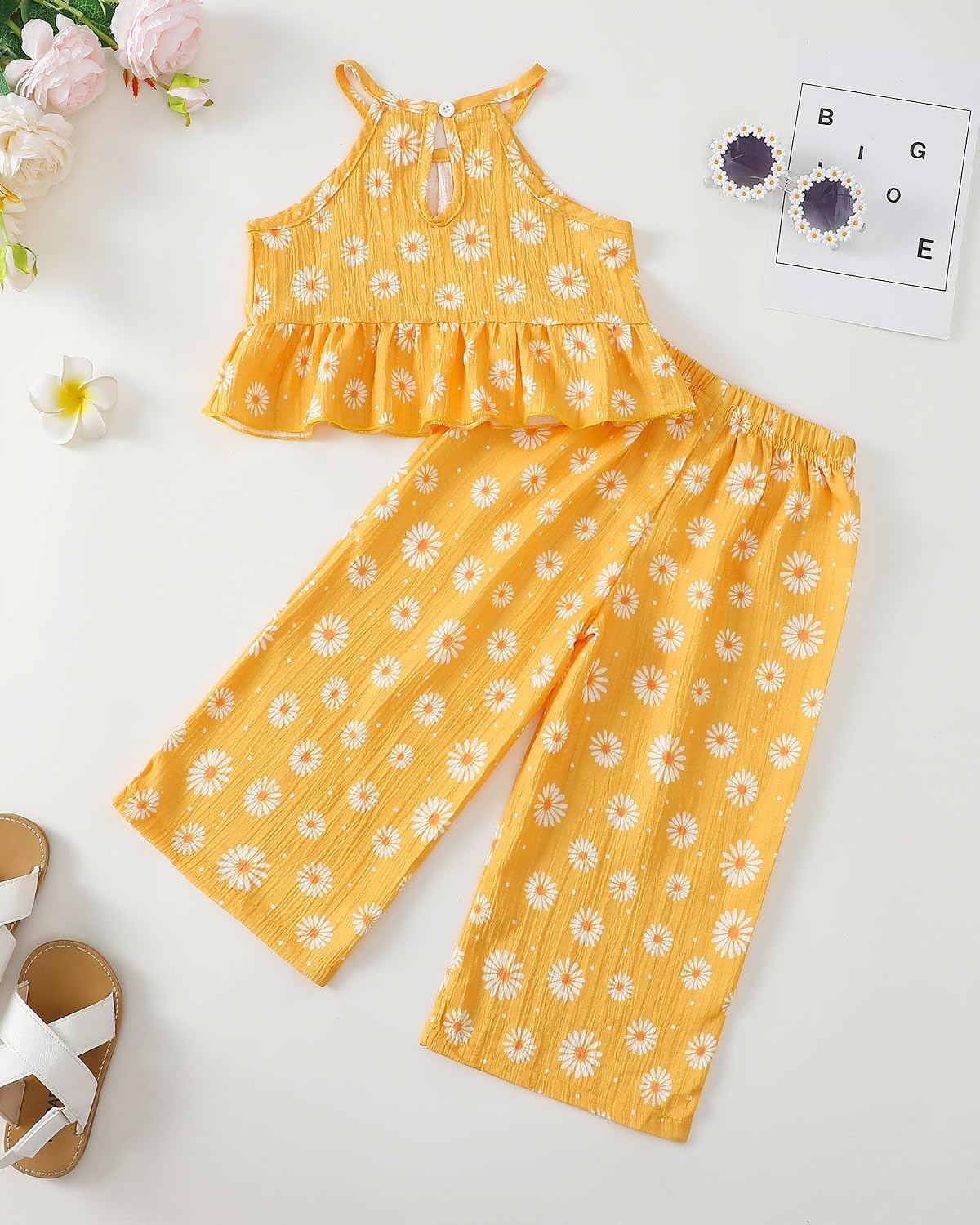 Kucnuzki Ropa de bebé niña pequeña trajes de verano Cami volantes halter tops pantalones de pierna ancha niños conjunto de ropa floral