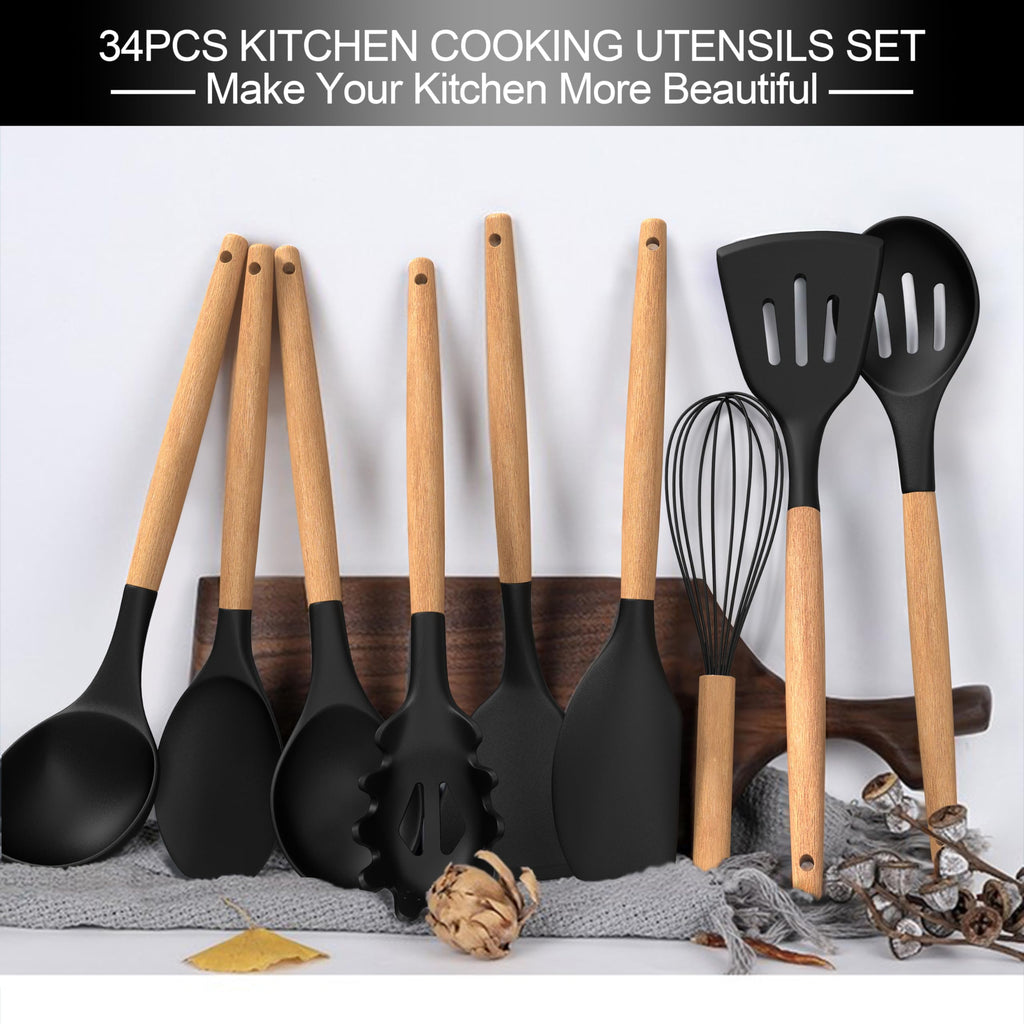 Juego de utensilios de cocina de silicona, 43 piezas antiadherentes resistentes al calor, juego de espátulas con mango de madera para hornear, cocinar y mezclar, las mejores herramientas de cocina con