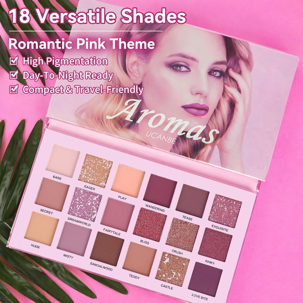 UCANBE Kit de paleta de sombra de ojos profesional de 18 colores con aroma desnudo, larga duración, multi brillo reflectante mate con brillo prensado, perlas de sombra de ojos, maquillaje en polvo