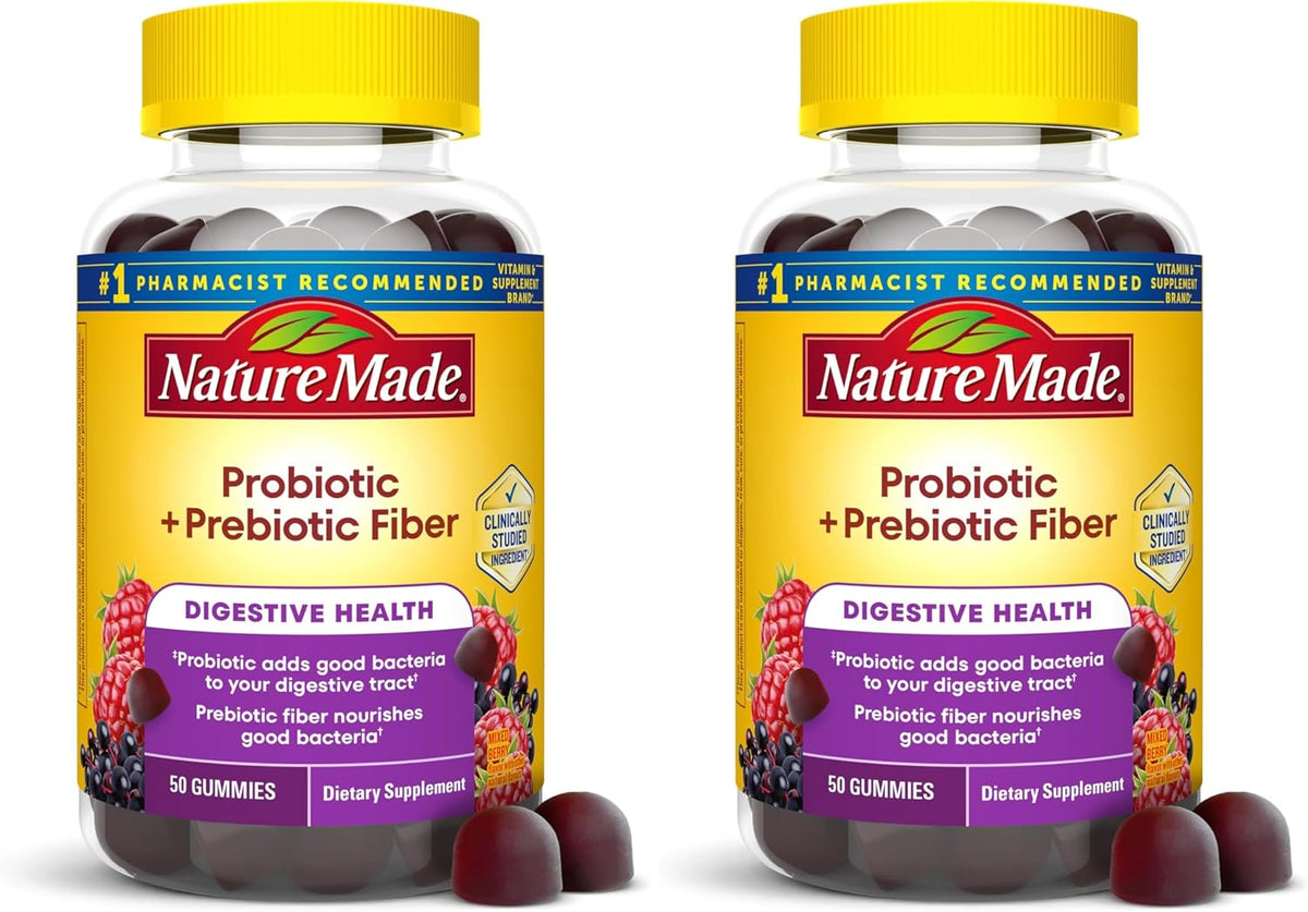 Nature Made - Gomitas de fibra probióticas + prebióticas para la salud intestinal diaria, suplemento de soporte digestivo con probióticos y fibra, 50 gomitas, suministro para 25 días | Fiber Supplement for Daily Gut Health, Prebiotics and Probiotics for W