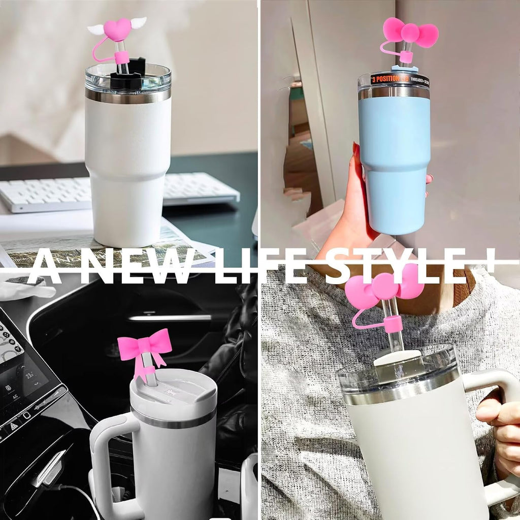 6 fundas de popote de color rosa compatibles con vasos Stanley de 30 y 40 onzas, reutilizables, bonitas puntas de popote de silicona, protectores para copas Stanley de 0.4 pulgadas/0.394 in