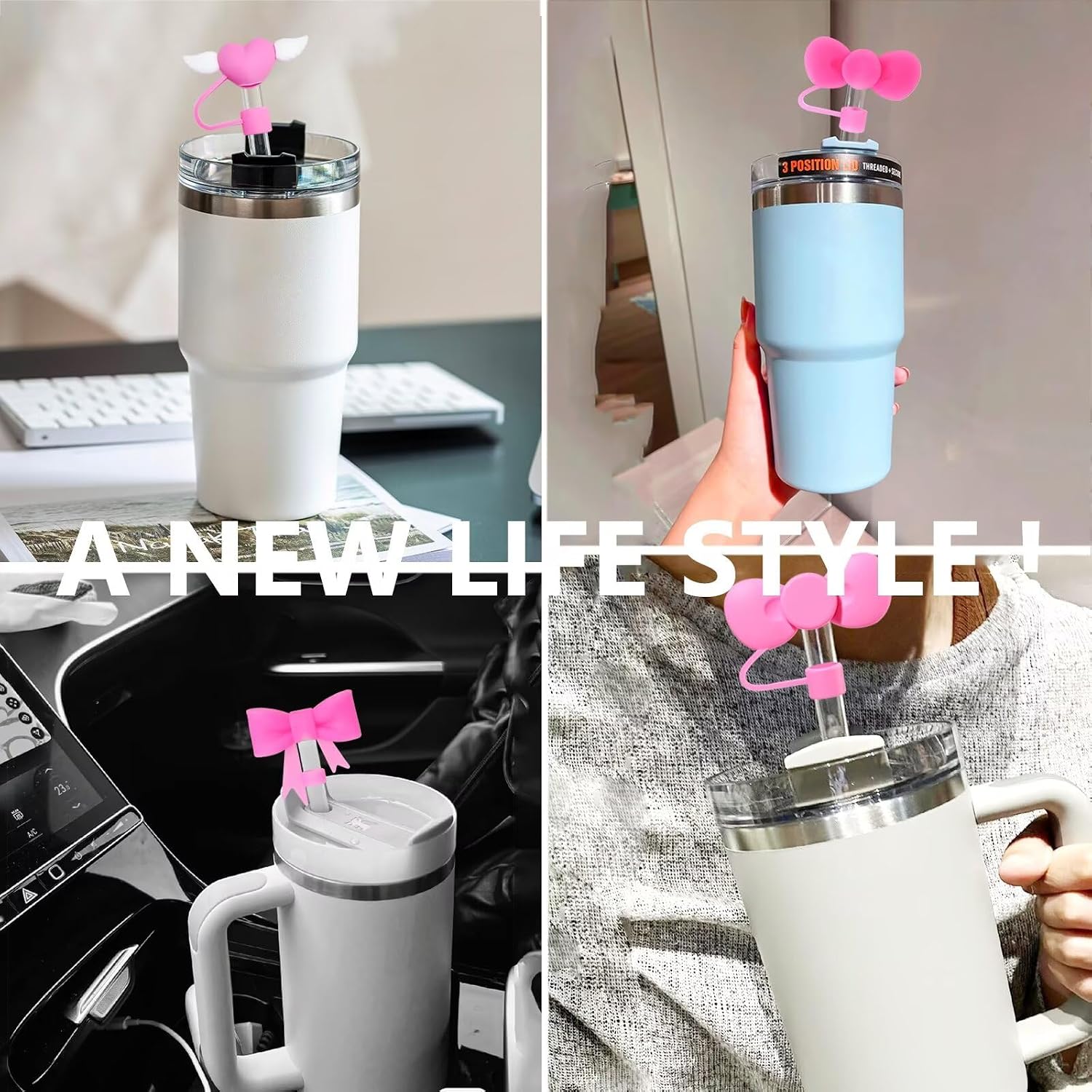 6 fundas de popote de color rosa compatibles con vasos Stanley de 30 y 40 onzas, reutilizables, bonitas puntas de popote de silicona, protectores para copas Stanley de 0.4 pulgadas/0.394 in