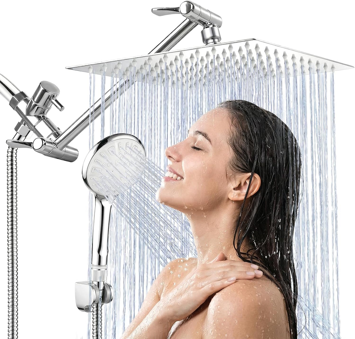 Cabezal de ducha de alta presión de 10 pulgadas, cabezal de ducha de mano con brazo de extensión de 11 pulgadas, cabezal antifugas de 9 ajustes con soporte, altura/ángulo ajustable, cromo, negro mate | 9 Settings, Anti-leak Shower Head with 11'' Extension