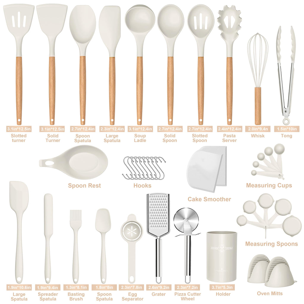 Juego de utensilios de cocina de silicona, 43 piezas antiadherentes resistentes al calor, juego de espátulas con mango de madera para hornear, cocinar y mezclar, las mejores herramientas de cocina con
