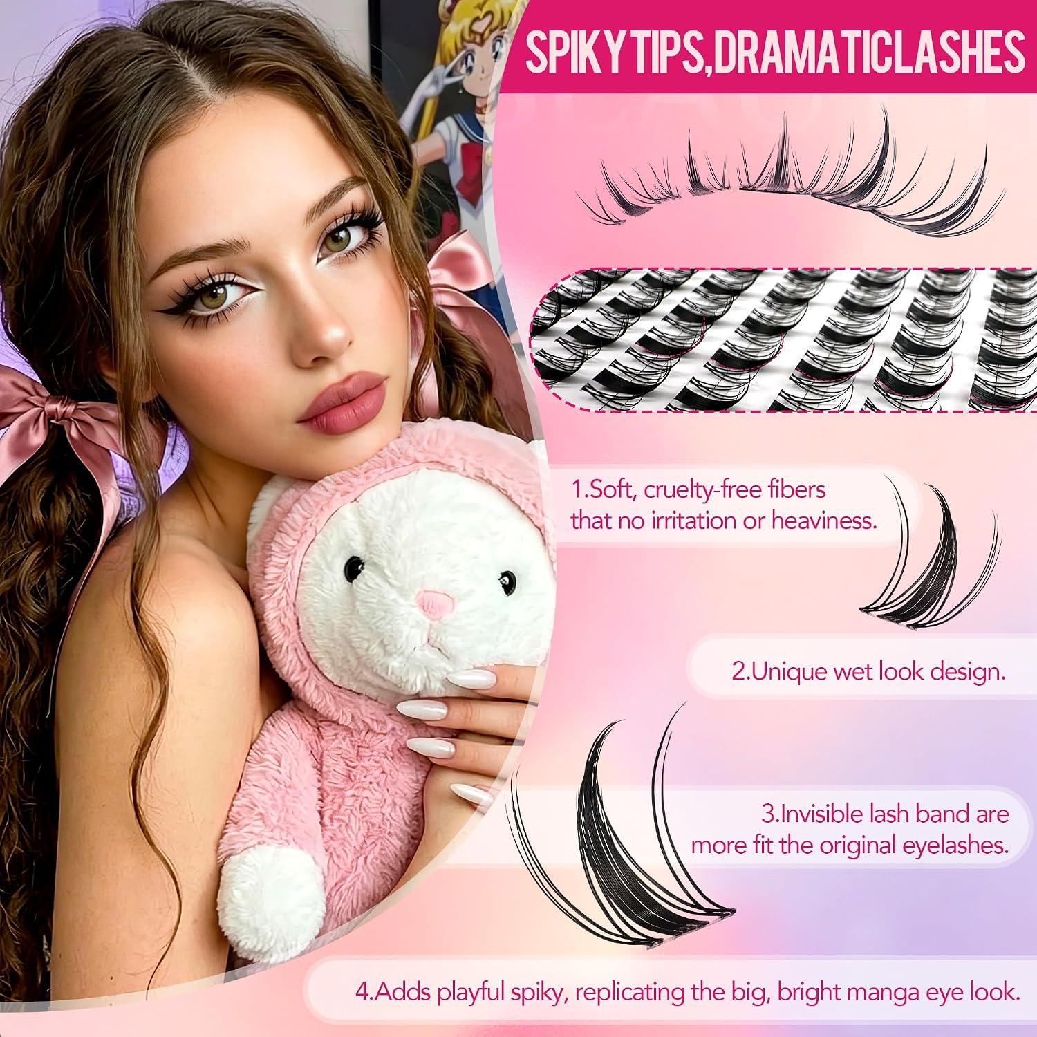 Foxy Beauty - Racimos de pestañas naturales – racimos de pestañas finas y esponjosas, extensiones de pestañas anchas con pestañas inferiores de bonificación
