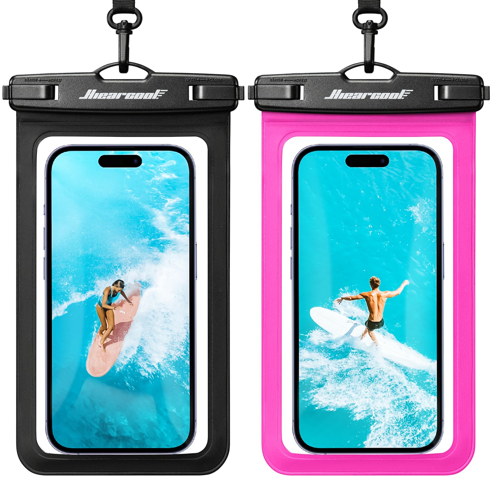 Hiearcool Funda impermeable IPX8 para iPhone 17/16/15/14 Pro Max, bolsa seca para teléfono celular para artículos esenciales de playa y crucero, pantalla táctil, cordón incluido, paquete de 2 (se adapta a hasta 8.9 pulgadas)