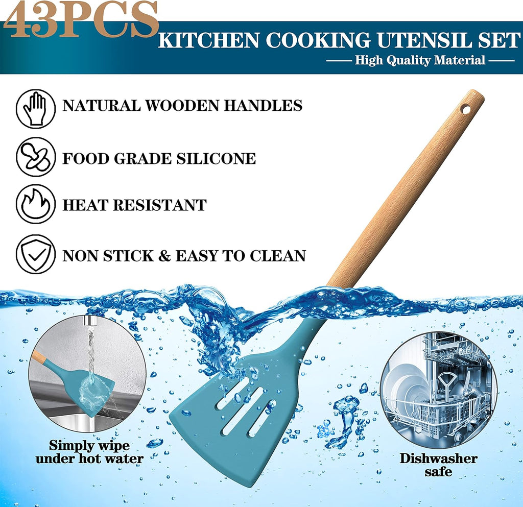 Juego de utensilios de cocina de silicona, 43 piezas antiadherentes resistentes al calor, juego de espátulas con mango de madera para hornear, cocinar y mezclar, las mejores herramientas de cocina con
