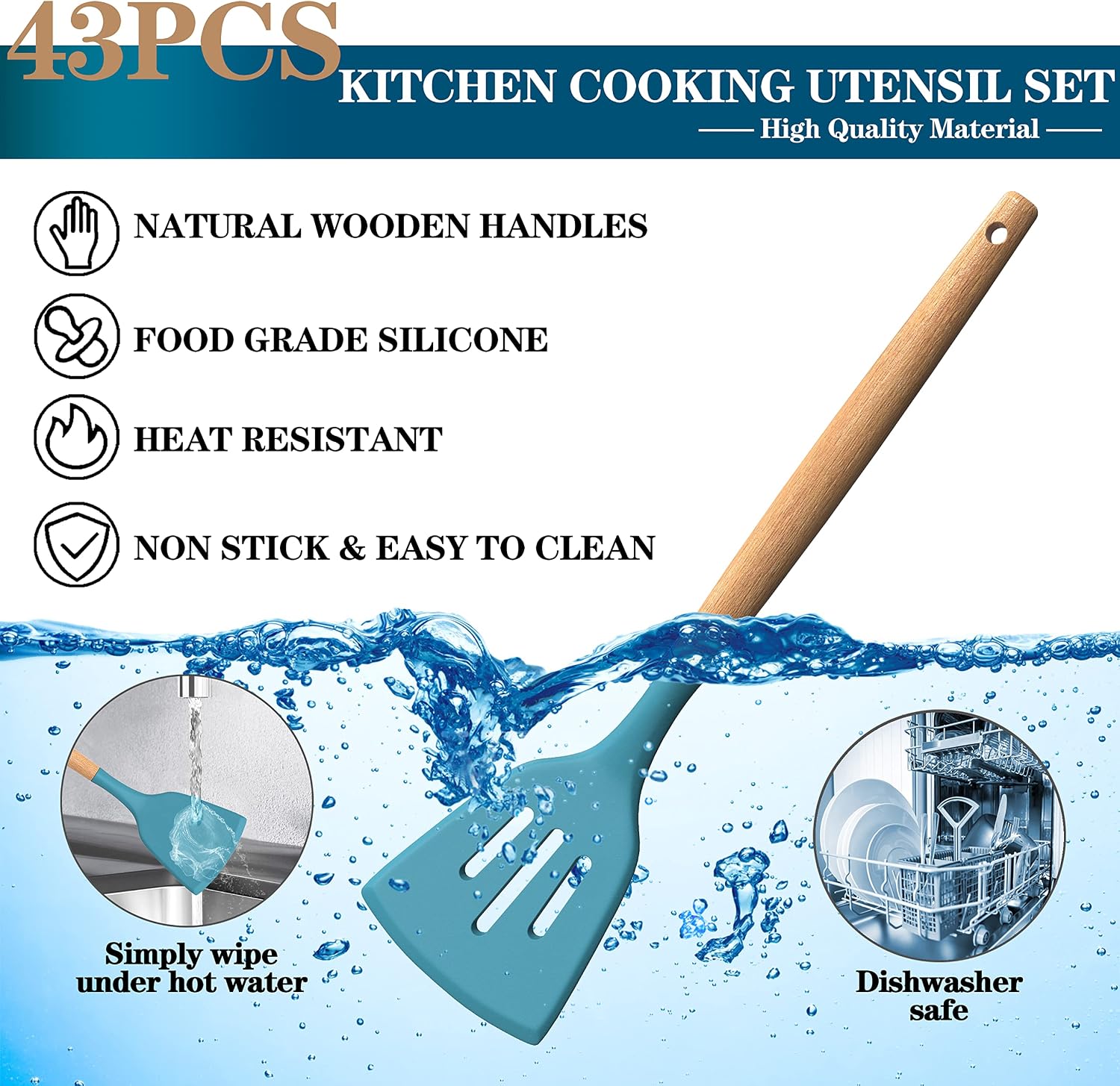 Juego de utensilios de cocina de silicona, 43 piezas antiadherentes resistentes al calor, juego de espátulas con mango de madera para hornear, cocinar y mezclar, las mejores herramientas de cocina con