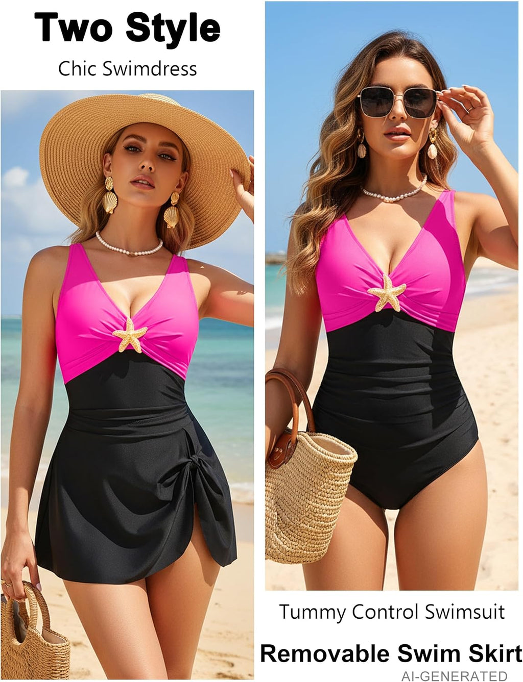 BMJL Traje de baño de una pieza para mujer con falda de natación adelgazante con control de abdomen, traje de baño de metal con nudo de estrella de mar