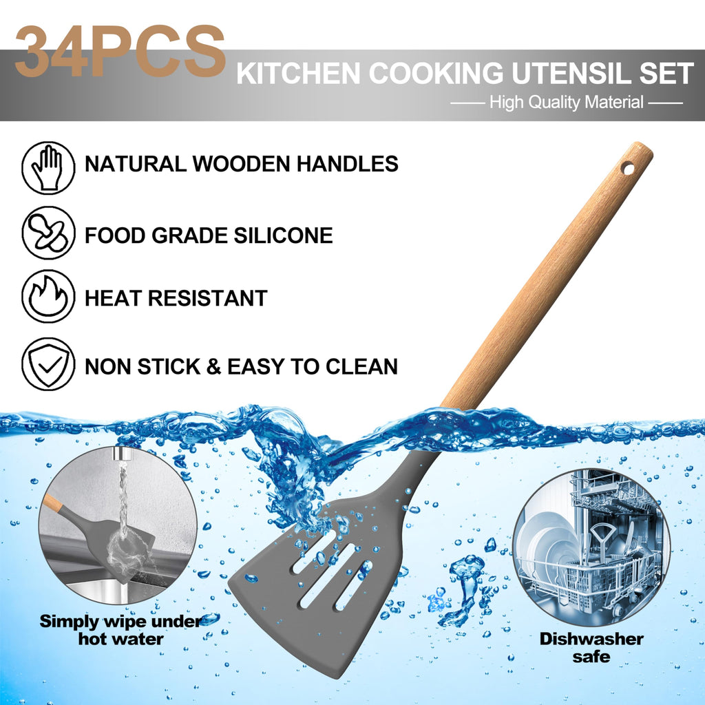 Juego de utensilios de cocina de silicona, 43 piezas antiadherentes resistentes al calor, juego de espátulas con mango de madera para hornear, cocinar y mezclar, las mejores herramientas de cocina con